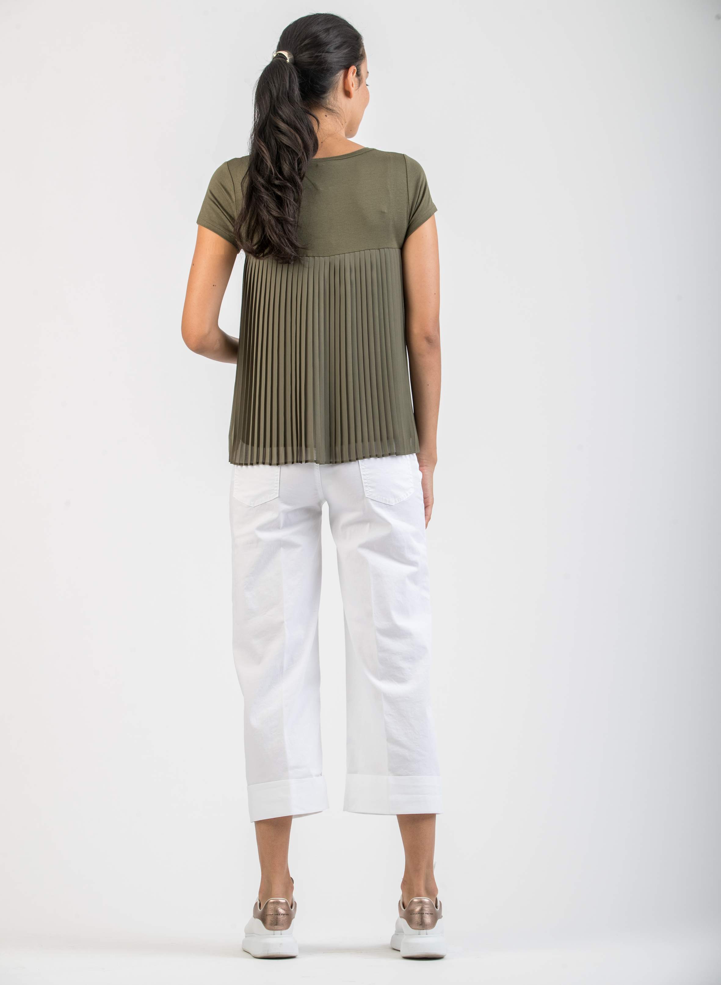 T-shirt Premaman con Schiena in Chiffon Plissè (Verde Militare, XS)