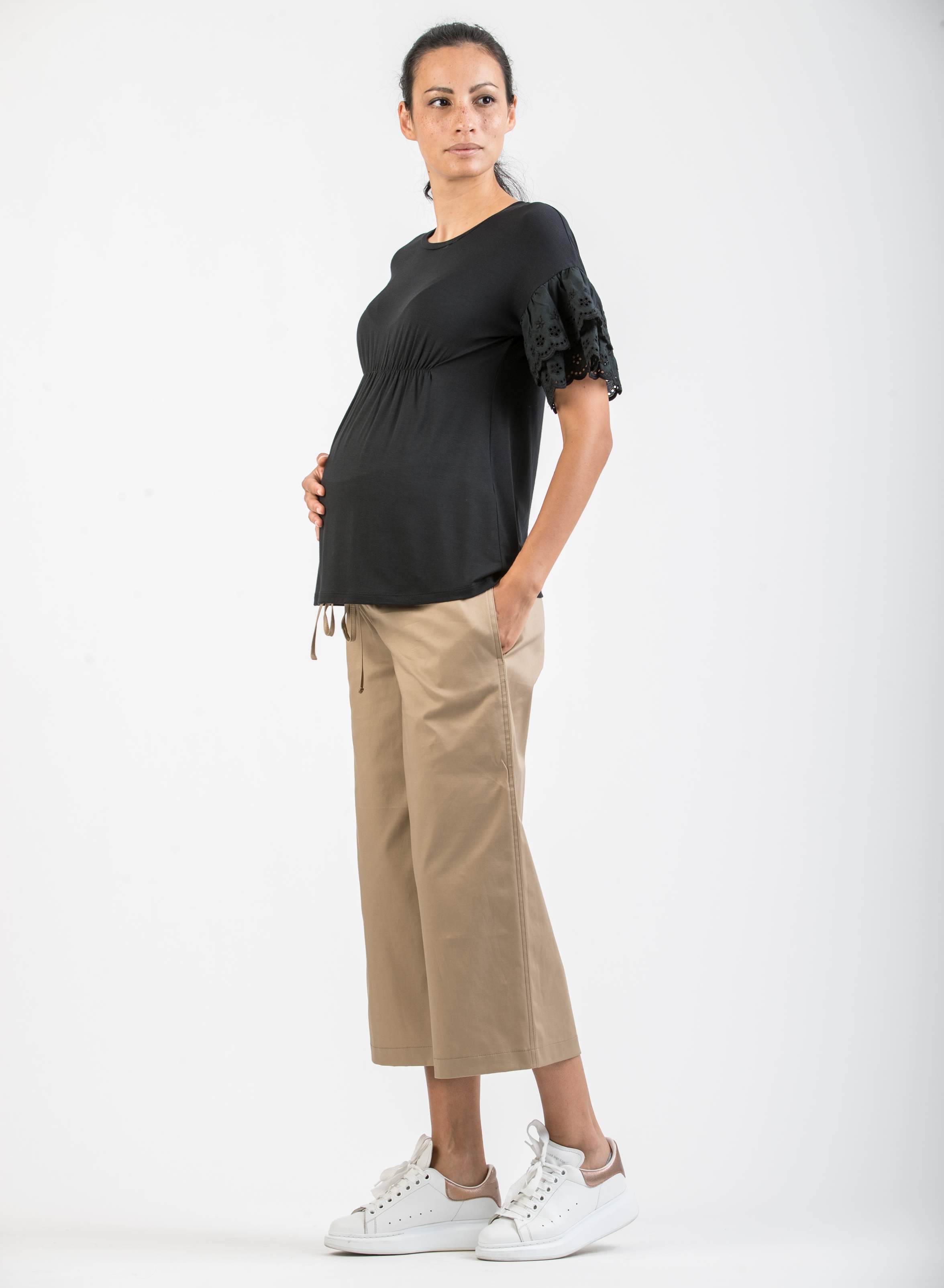 Maglietta Premaman con Maniche in Pizzo Sangallo (Nero, XS)