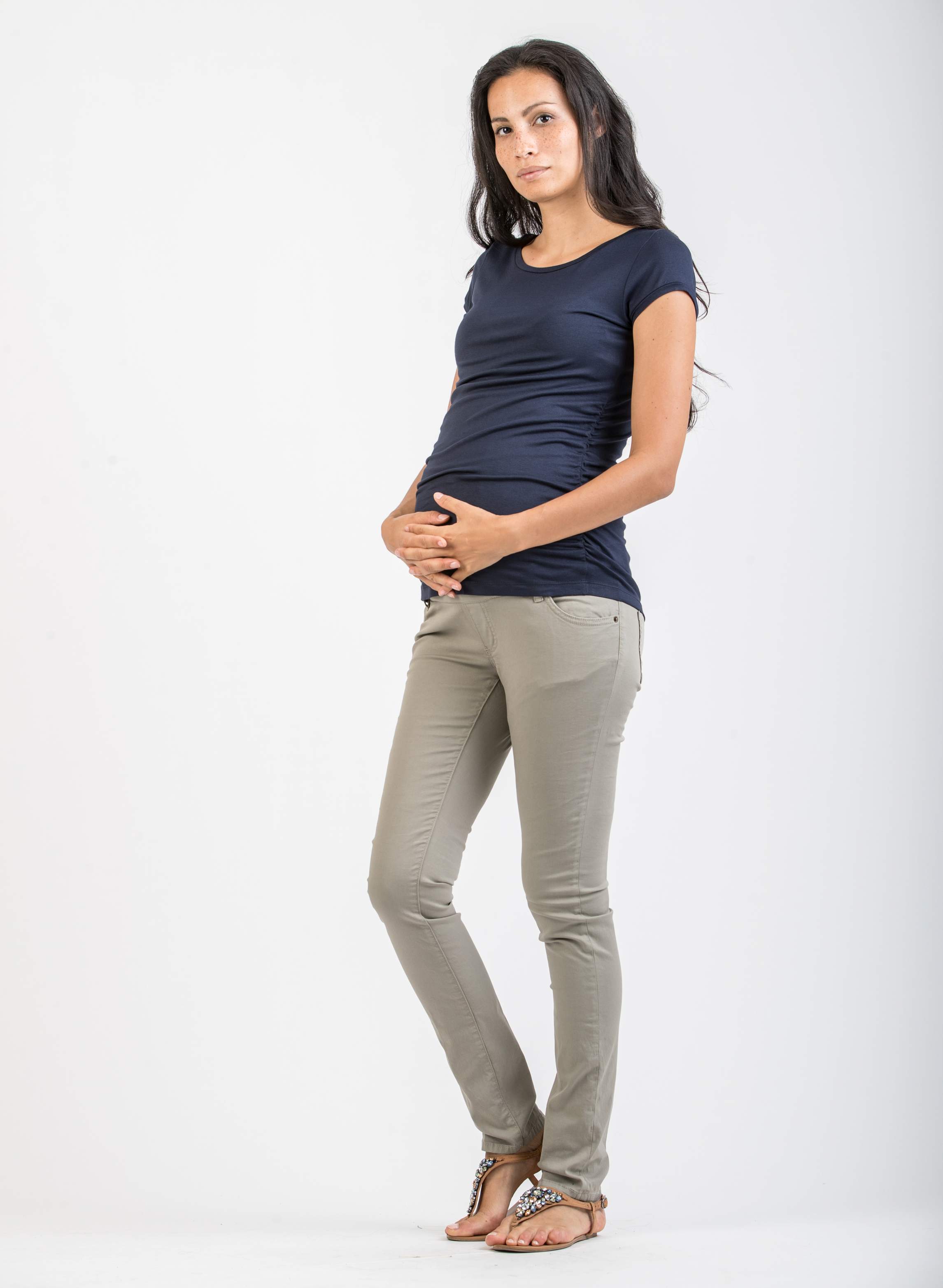 Skinny Fit Maternity Trousers with Under-Tummy Structure (Verde Kaki , XXS)