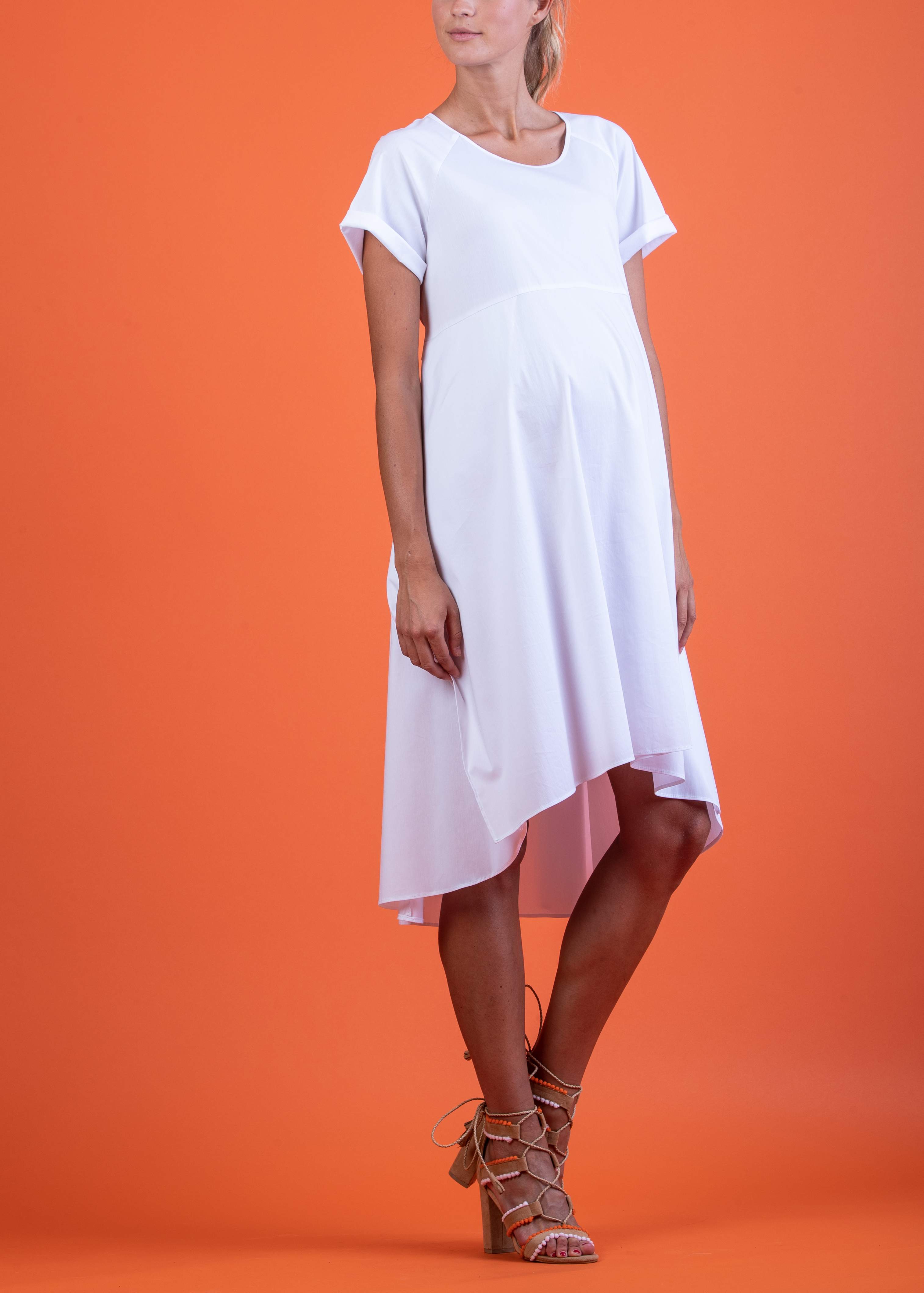 Midi Maternity Dress with Belt and Back Opening (Bianco, XS)
