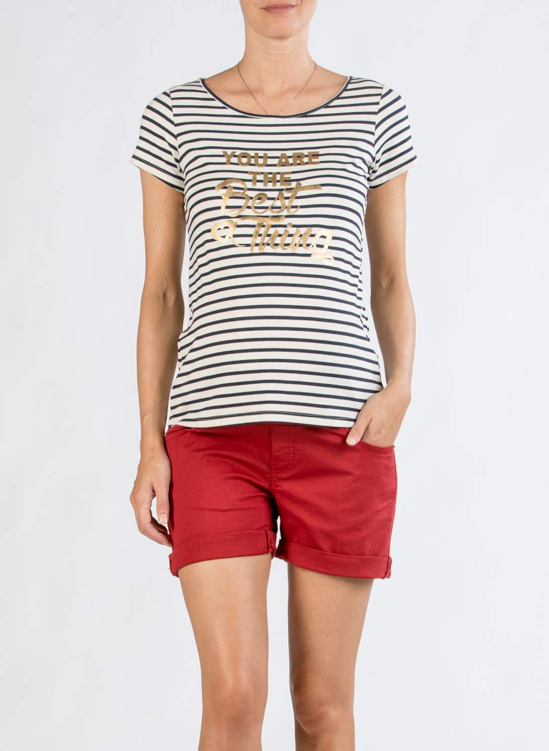 T-Shirt Premaman a Righe con Stampa Dorata (Blu, XXS)