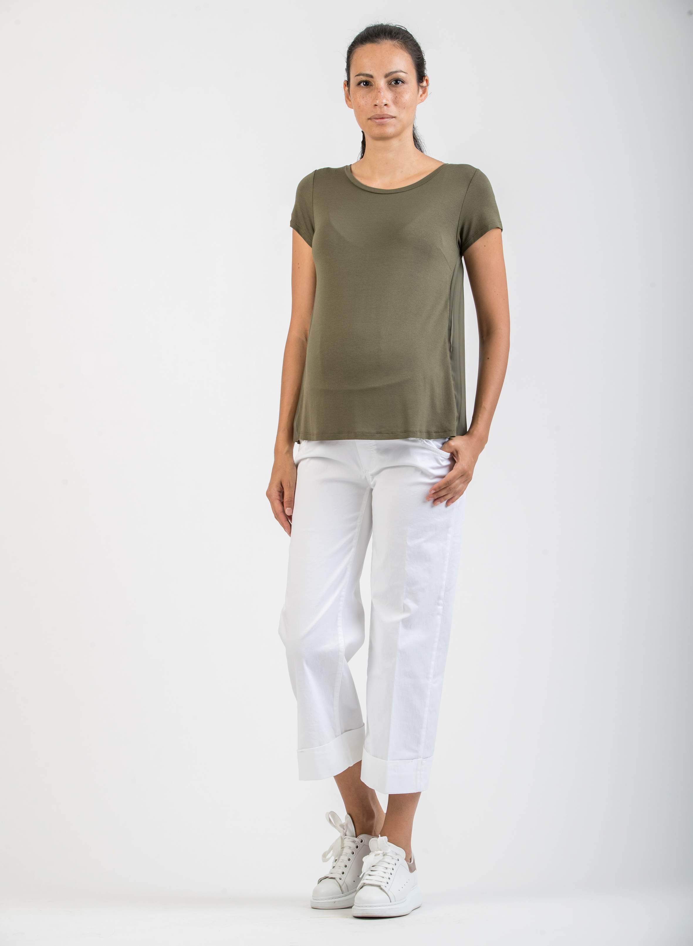 T-shirt Premaman con Schiena in Chiffon Plissè (Verde Militare, XS)