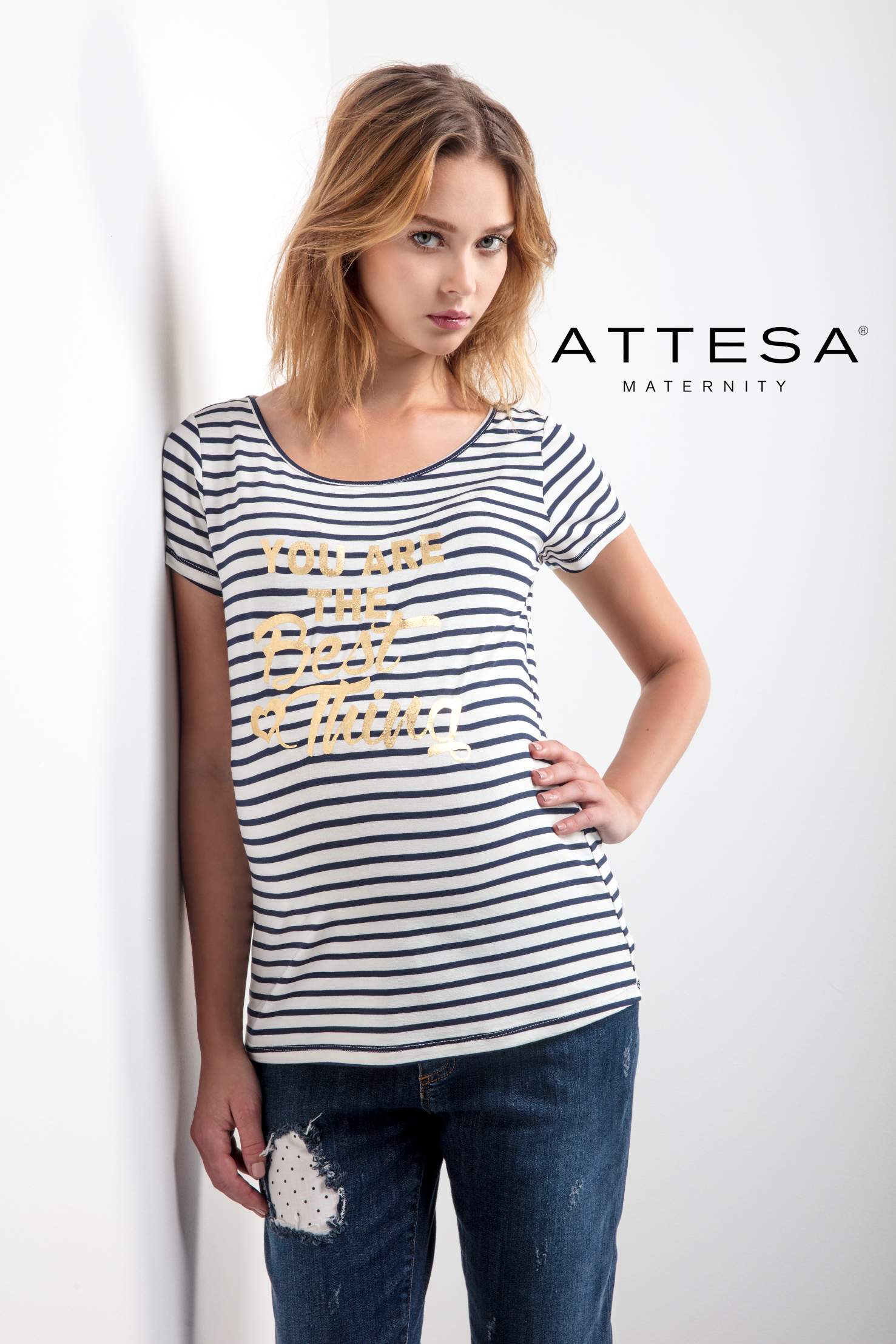 T-Shirt Premaman a Righe con Stampa Dorata (Blu, XXS)