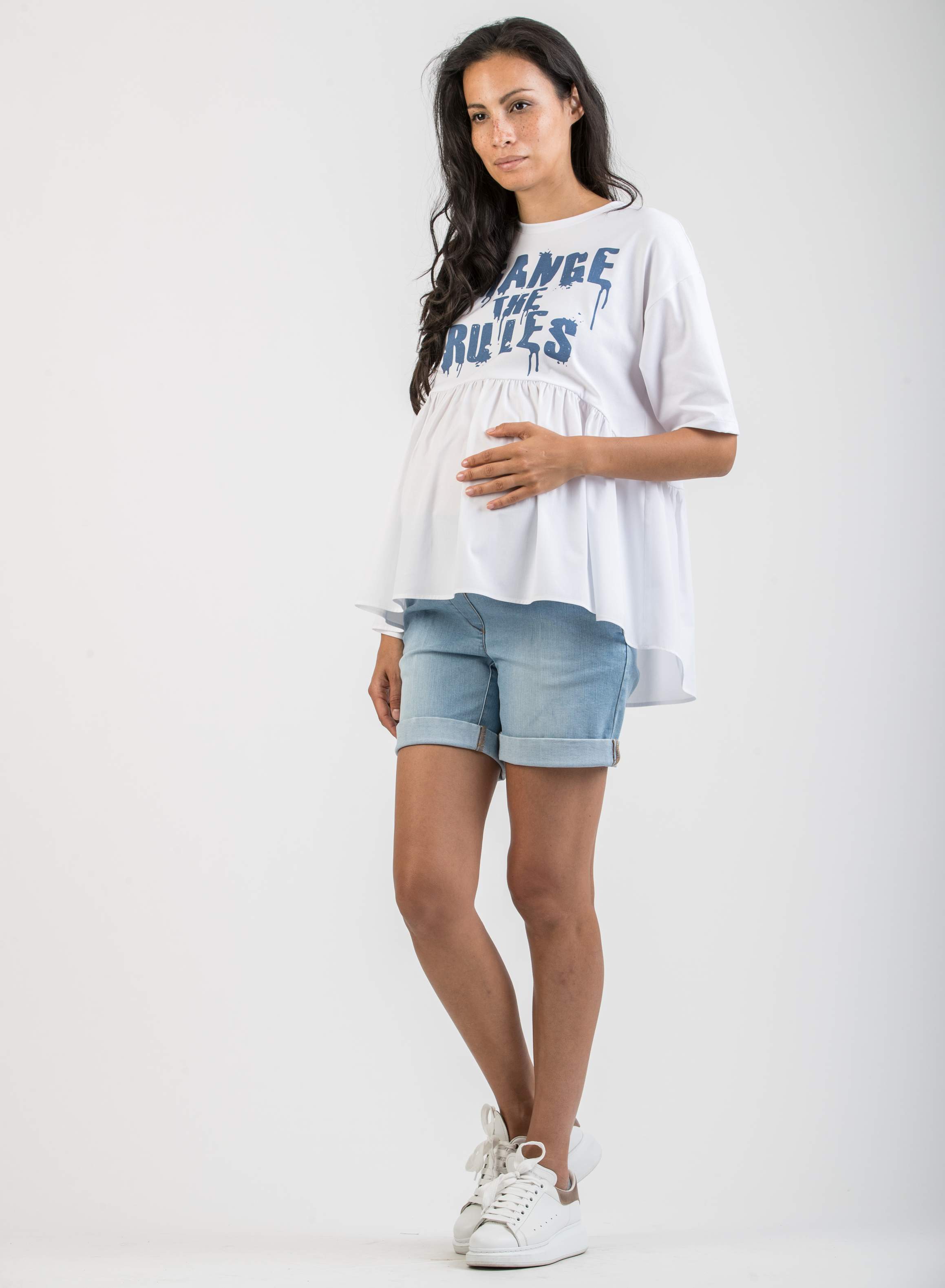T-Shirt Premaman con Volant in Popeline (Blu, XS)