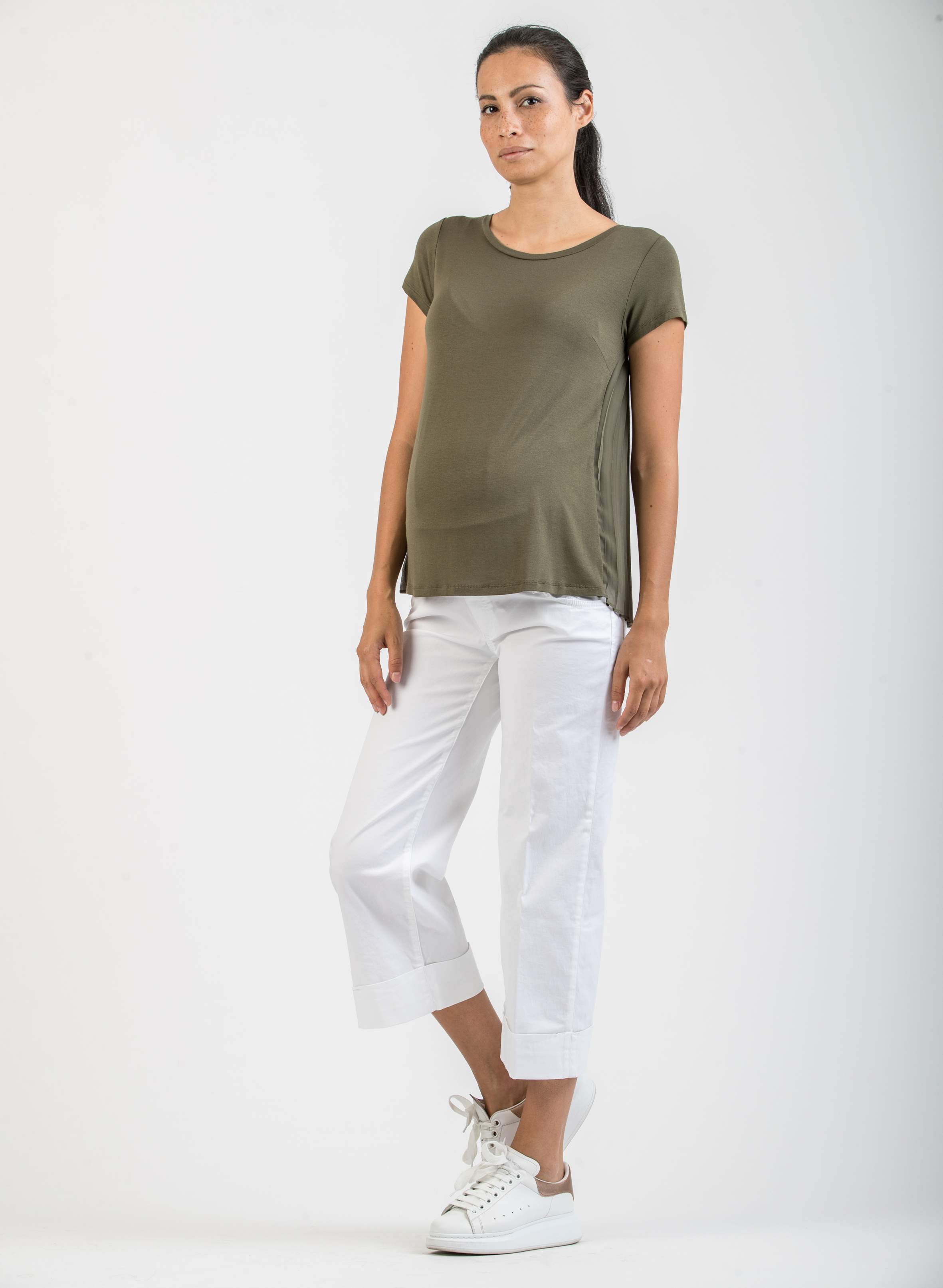 T-shirt Premaman con Schiena in Chiffon Plissè (Verde Militare, XS)