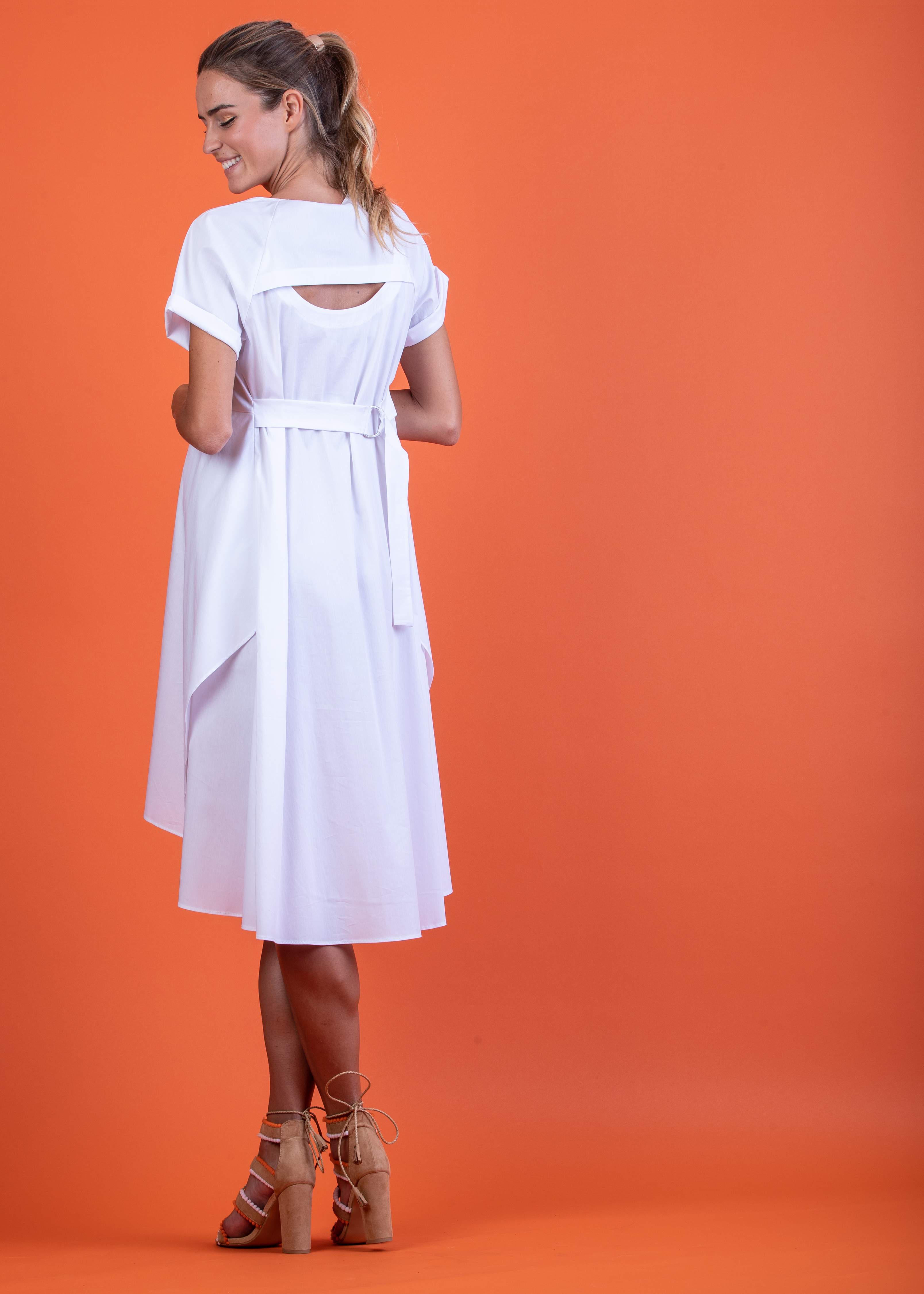 Midi Maternity Dress with Belt and Back Opening (Bianco, XS)
