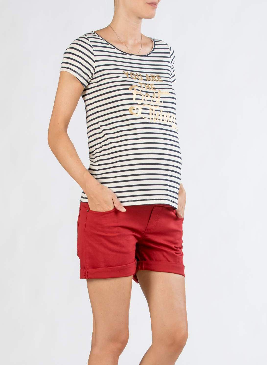 T-Shirt Premaman a Righe con Stampa Dorata (Blu, XXS)