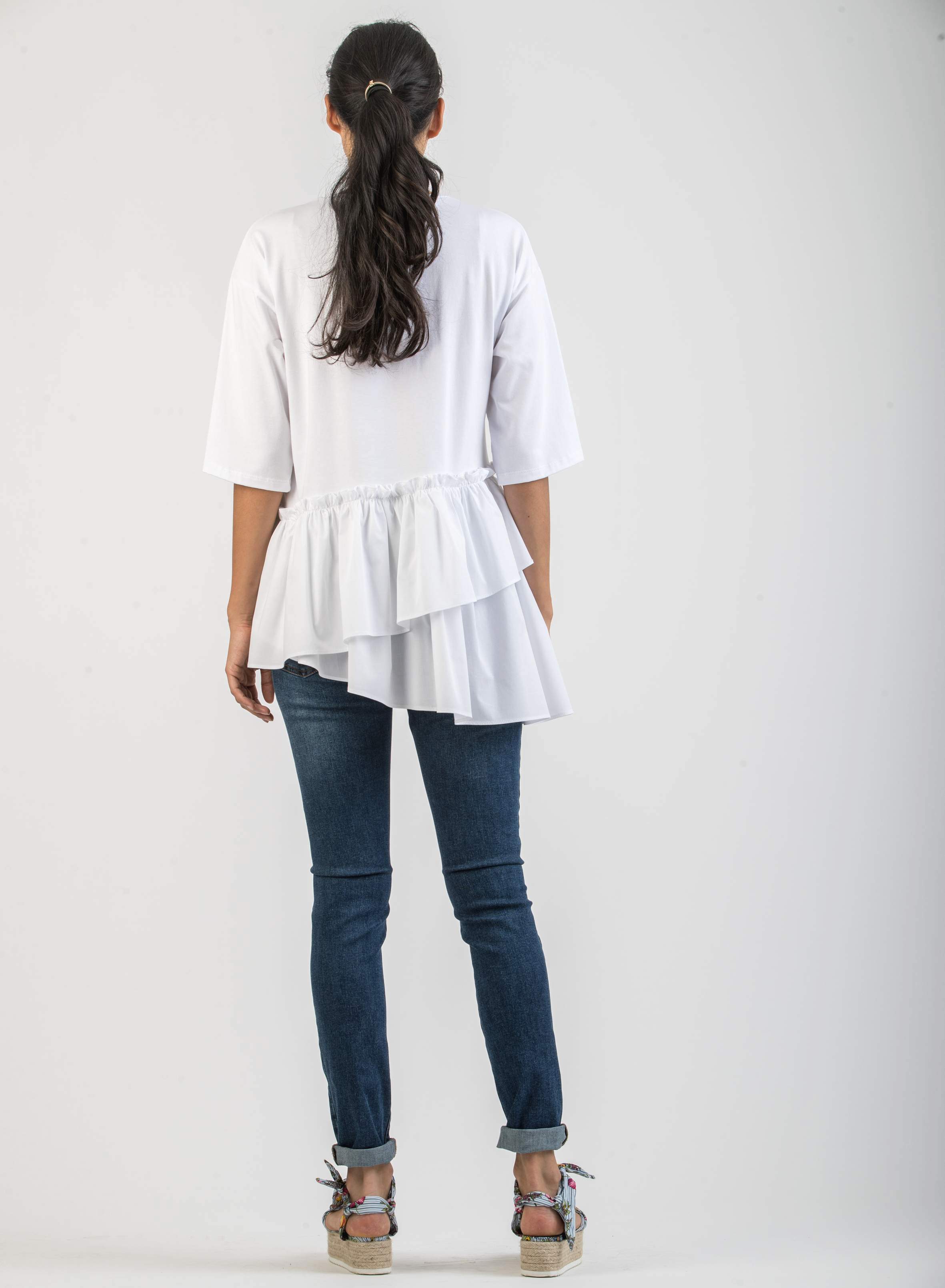 T-Shirt Premaman in Jersey di Cotone con Volant Asimmetrici (Bianco, XXS)