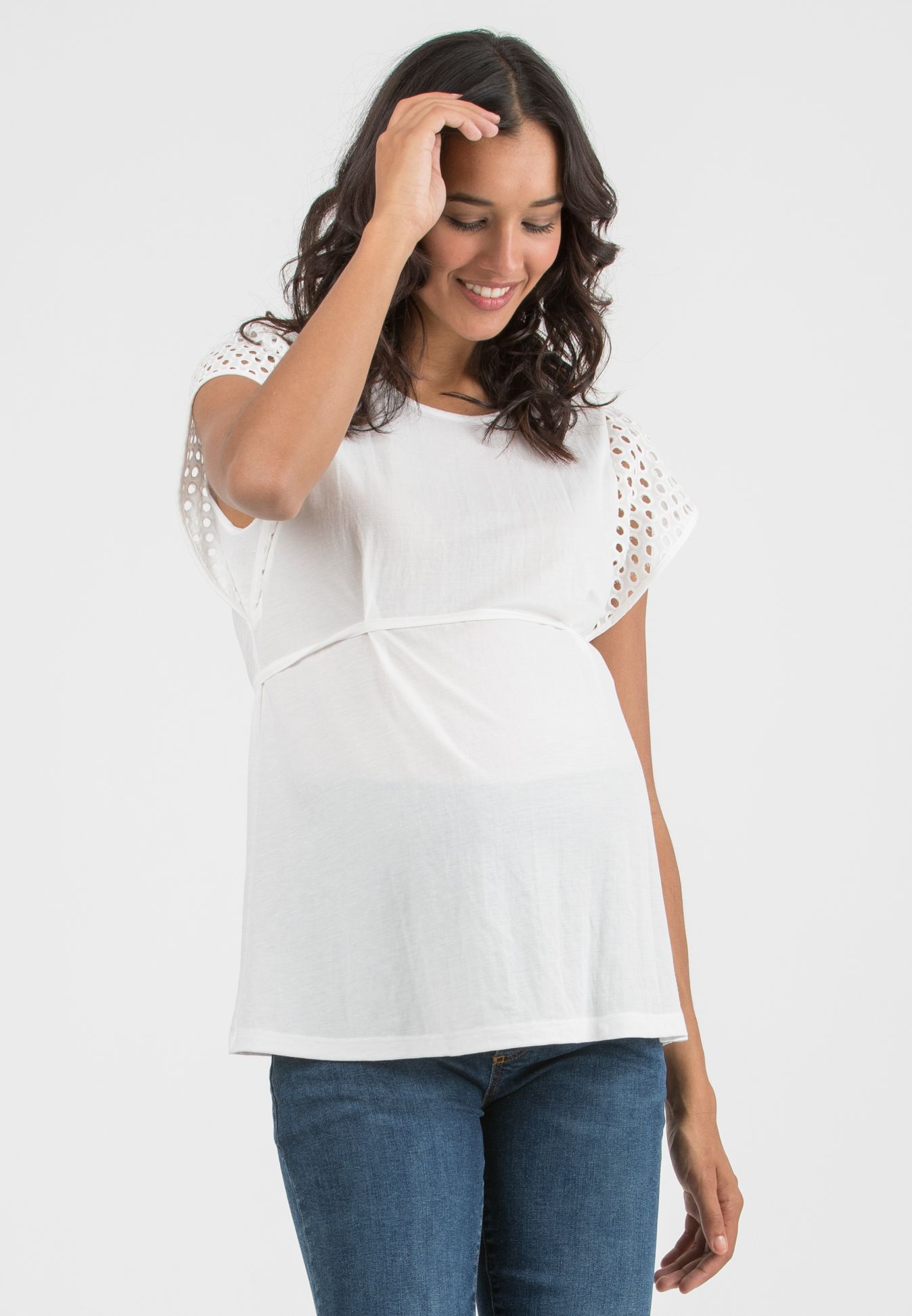 MARBELLA - Viscose T-Shirt with Sangallo Lace Sleeves (Avorio)