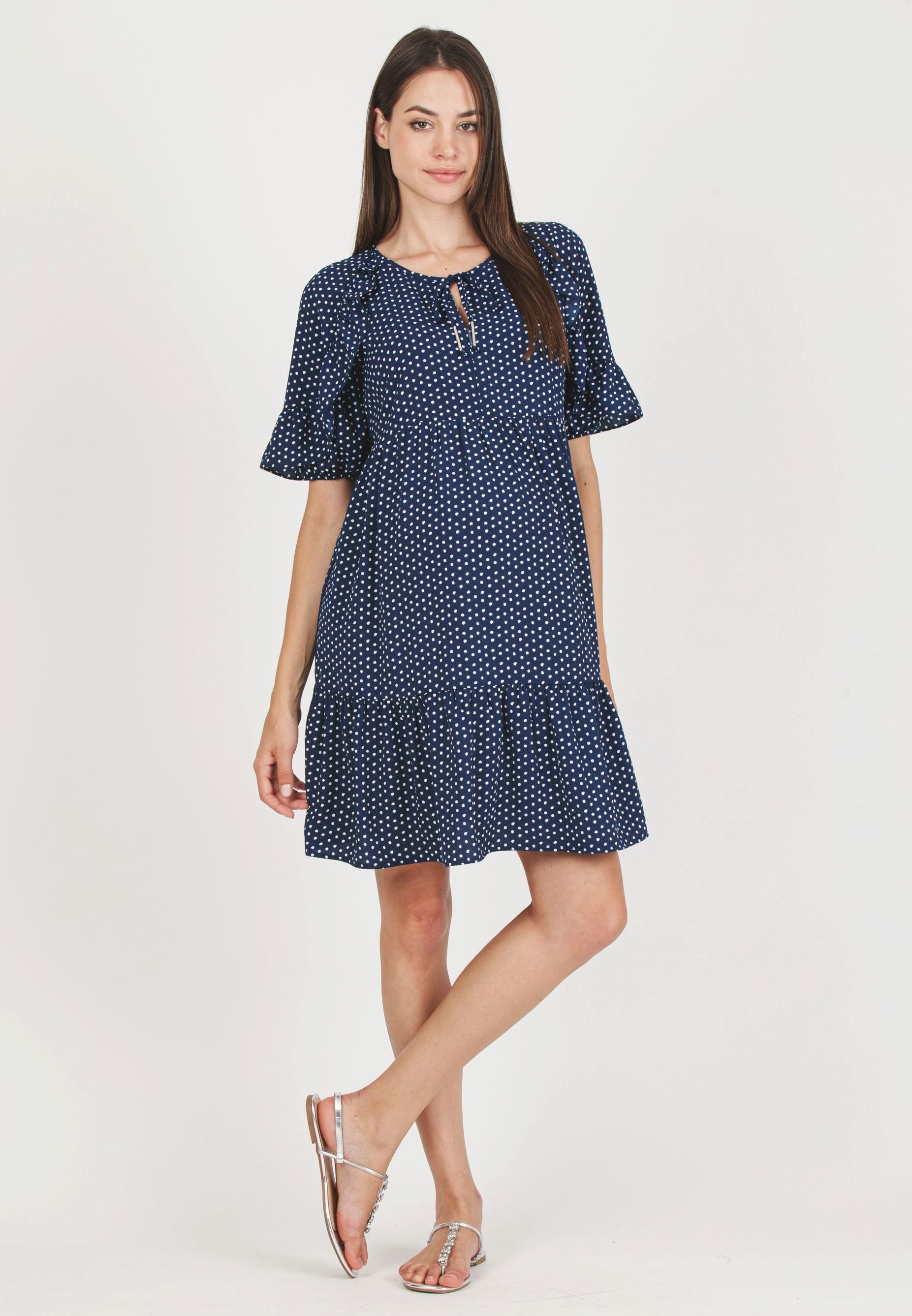 TINA - Maternity & Nursing Dress with Ruffles on the Sleeves and Flounced Skirt (Blue, XS)
