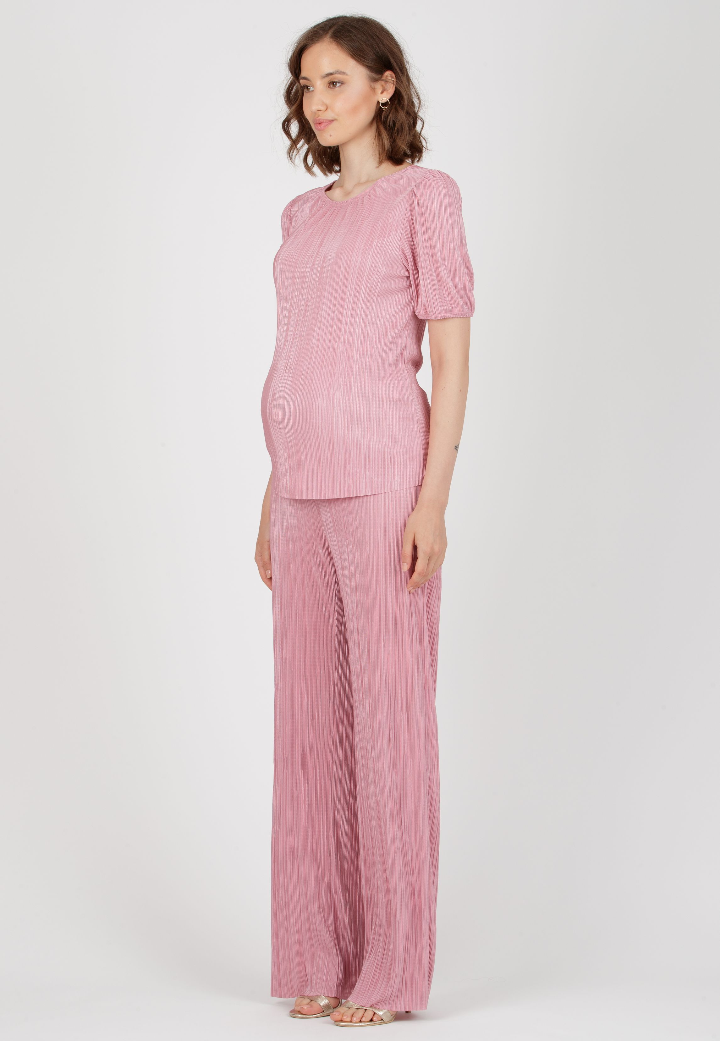 AURA P - Pantalone Premaman a Palazzo in Tessuto Plissè (Rosa, XS)