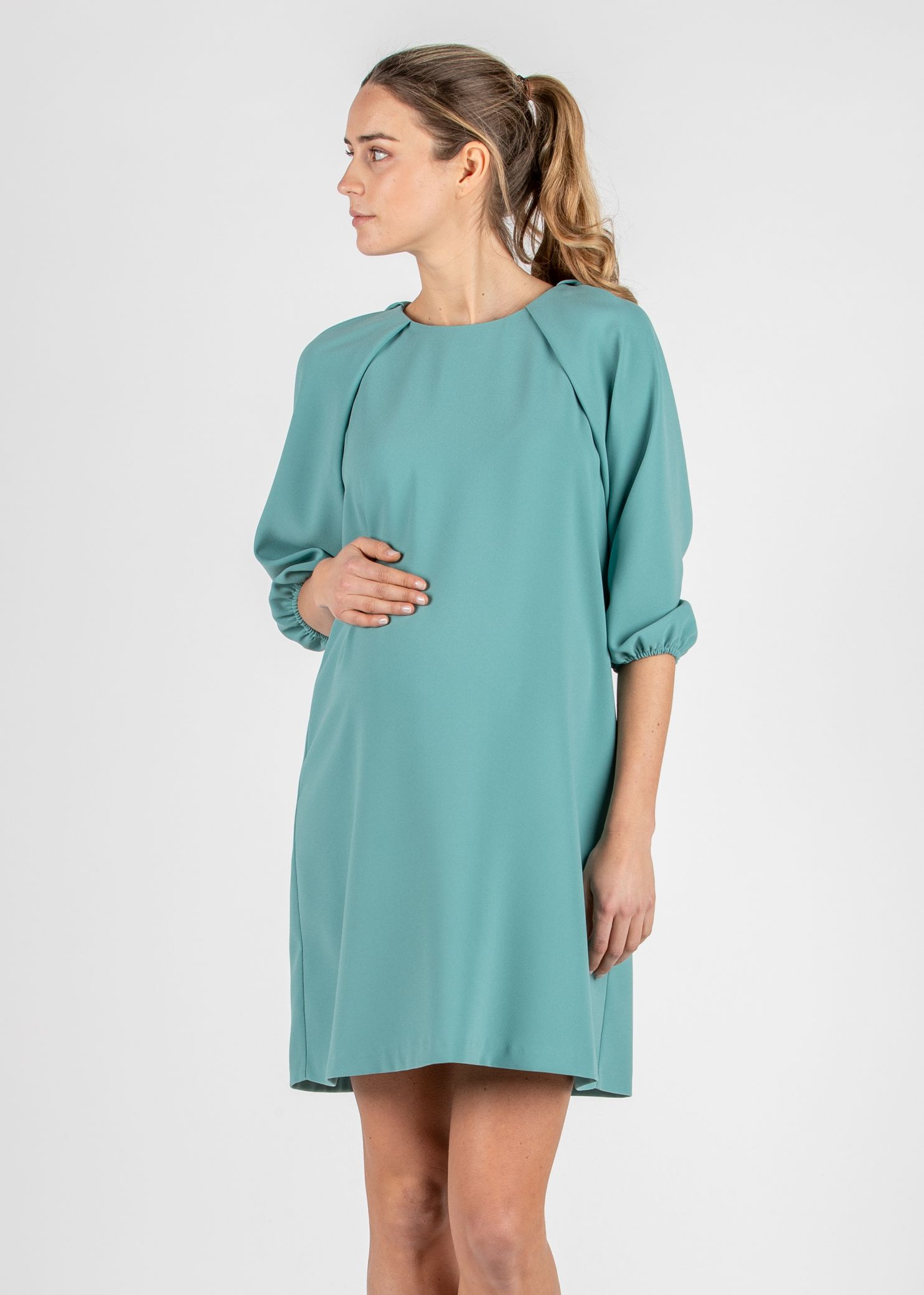 Maternity Dress in Cady Crepe with Raglan Balloon Sleeve (Light Green, XS)