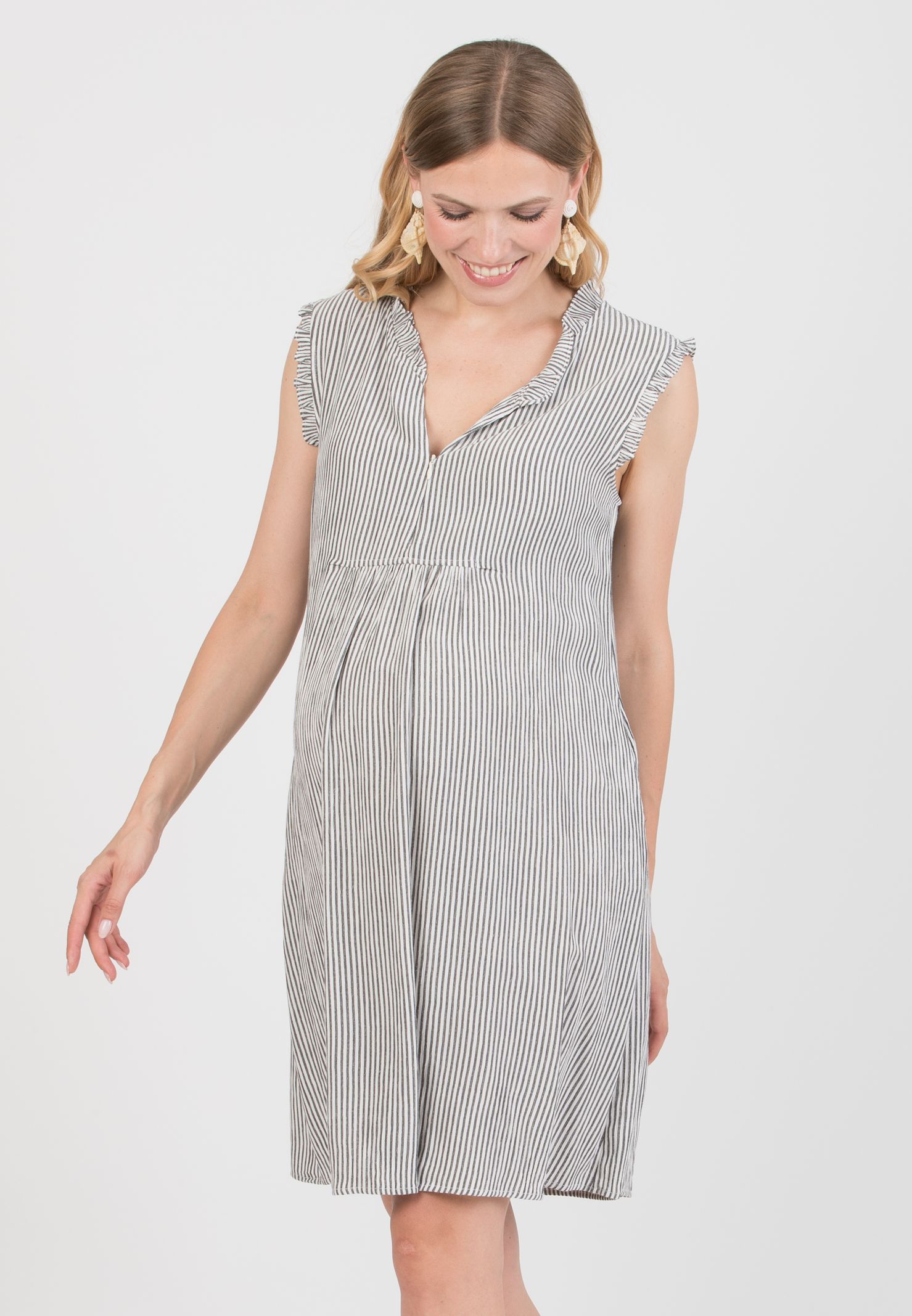 SOFIA R - Maternity & Nursing Striped Dress with Ruffles (Black, XS)