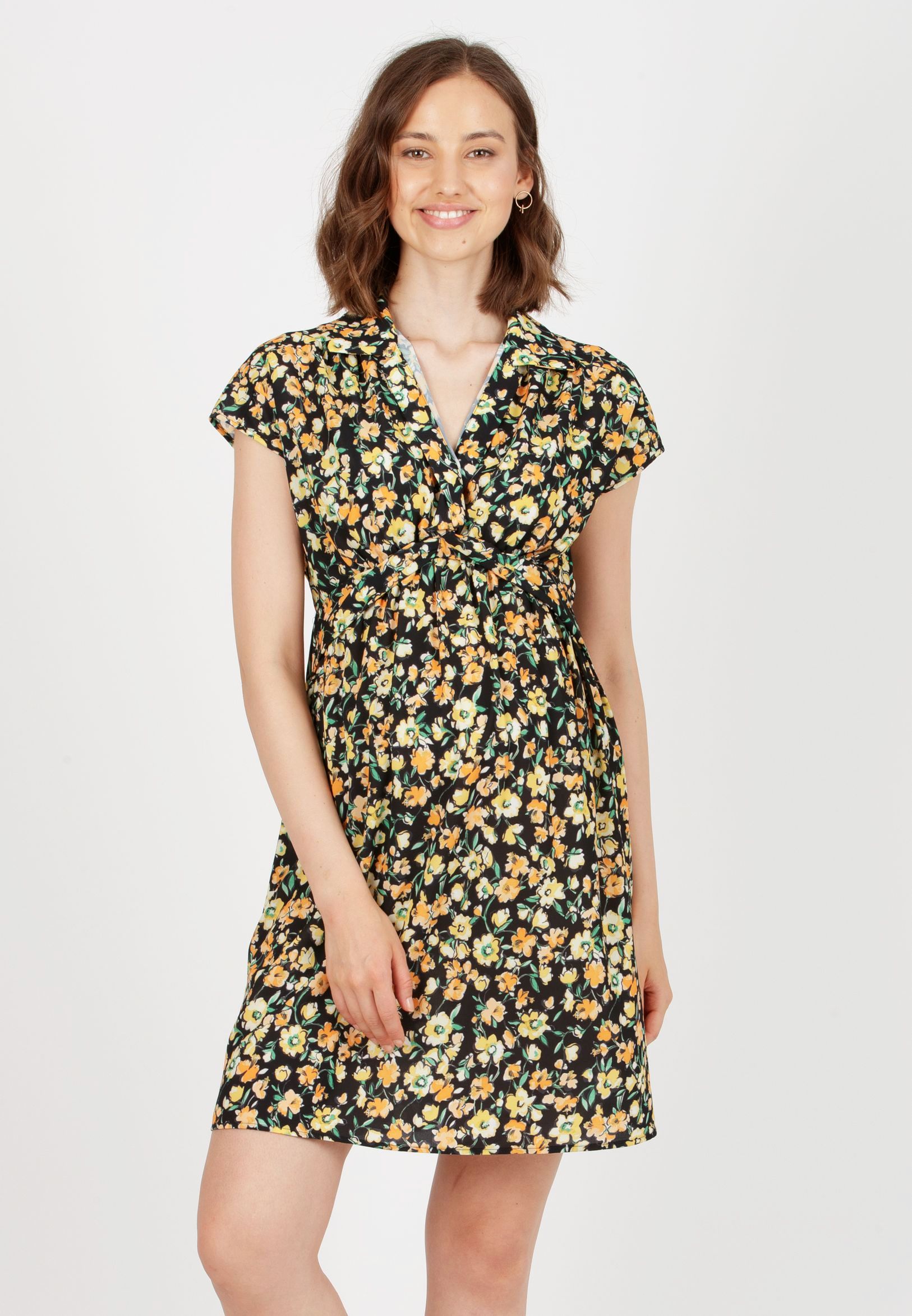 DELIA - Printed Maternity Dress with Collar (Black, XS)