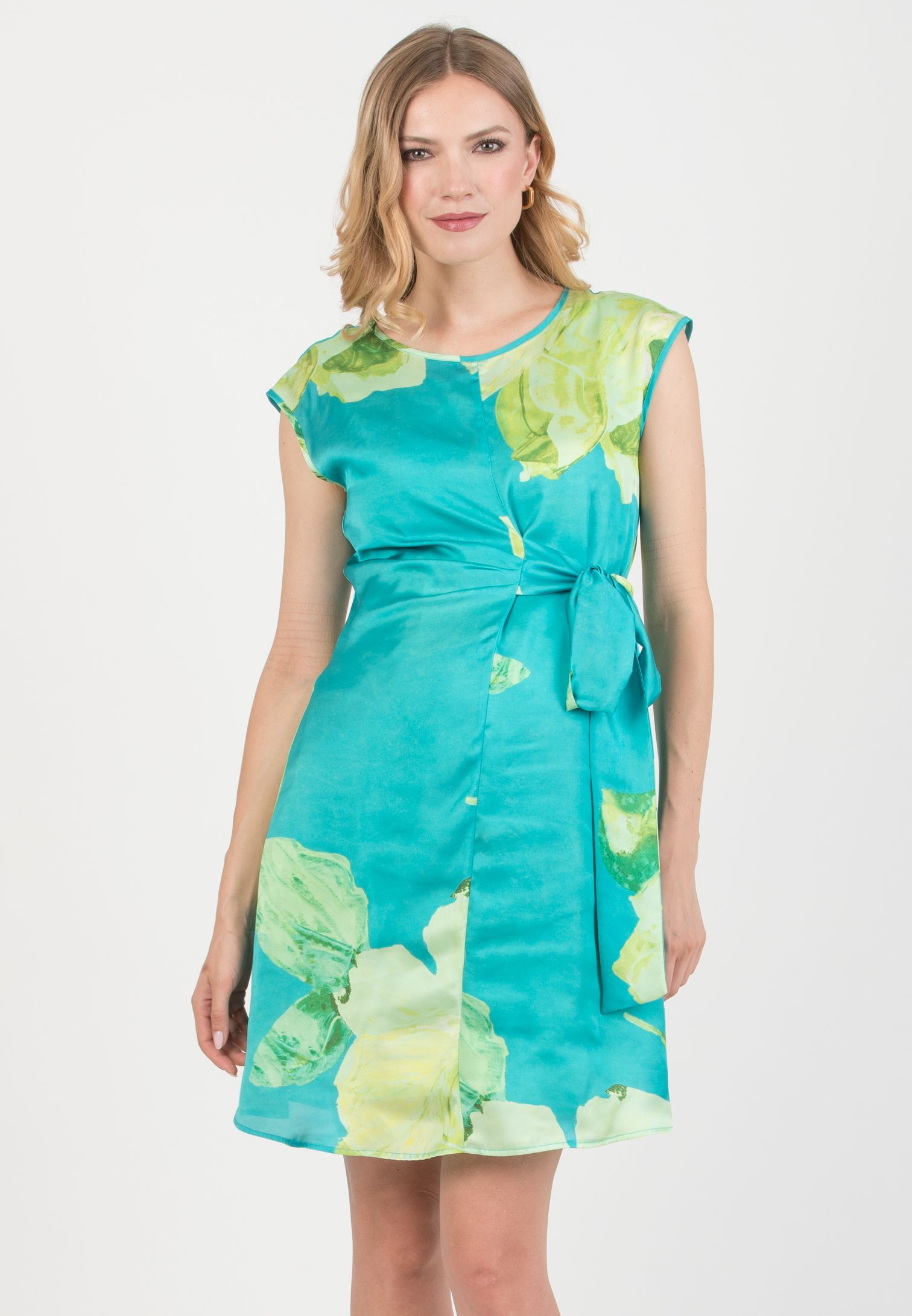 VERONICA - Maternity Satin Floreal Dress with Adjustable Tie (Turquoise, XS)