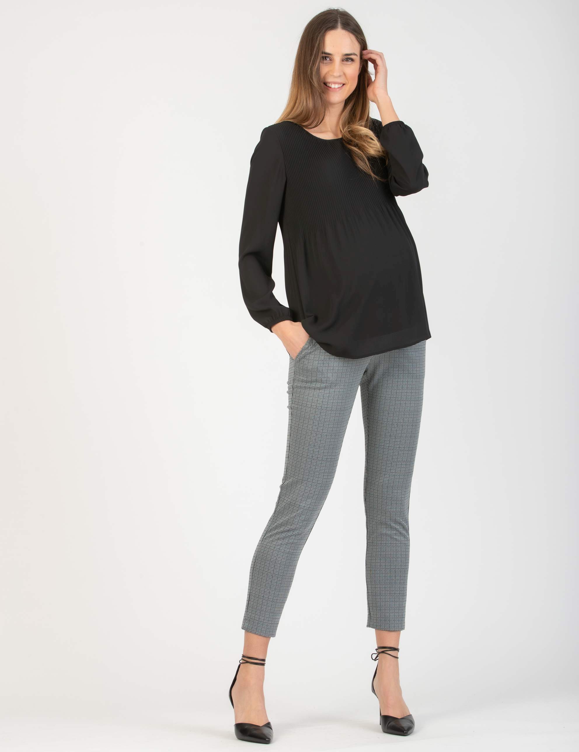 Pantalone Premaman Slim in Jacquard a Quadri (Verde, XS)