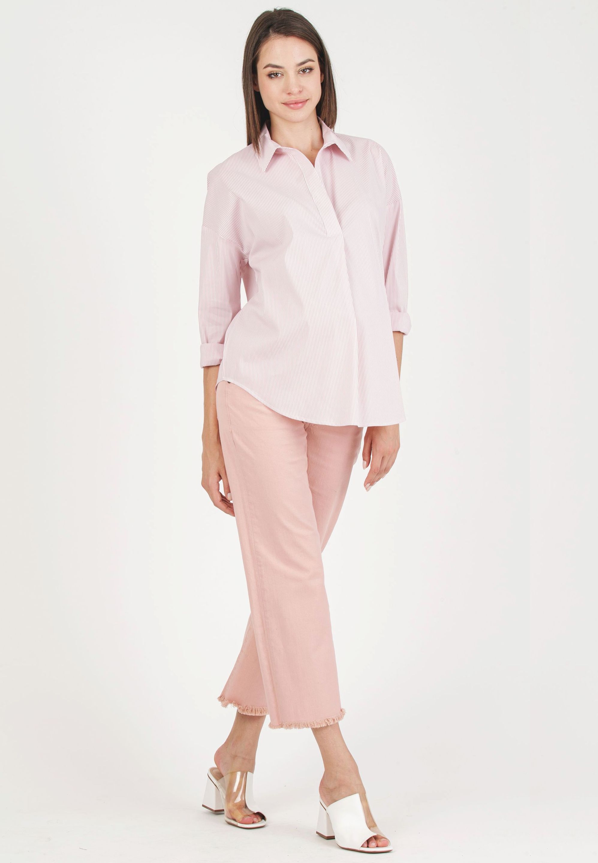 OLIVIA R - Striped Oversized Maternity Shirt in Stretch Cotton Poplin (Pink, XS)