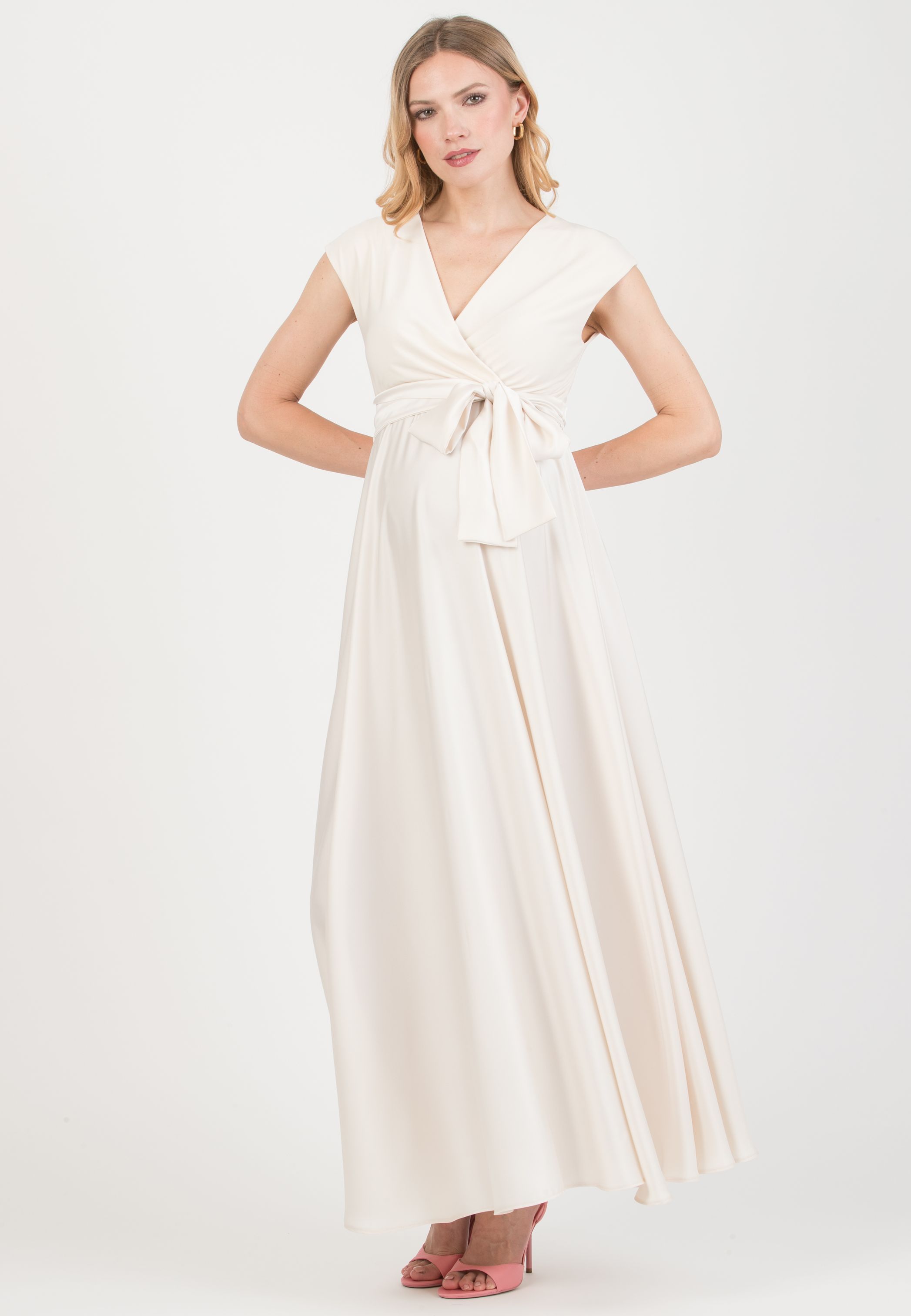 LUCREZIA - Maternity & Nursing Maxi Dress with Satin Skirt (Natural, XS)