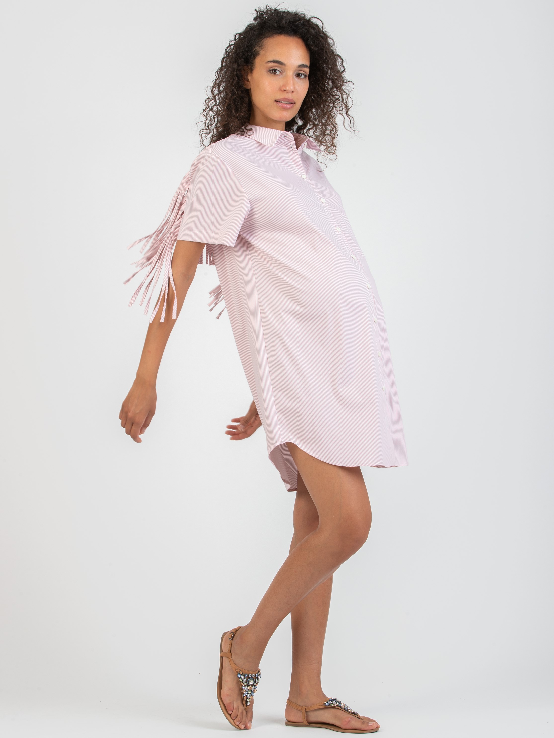 FRANCESCA - Abito Premaman & Allattamento in Popeline di Cotone con Frange (Rosa, XS)