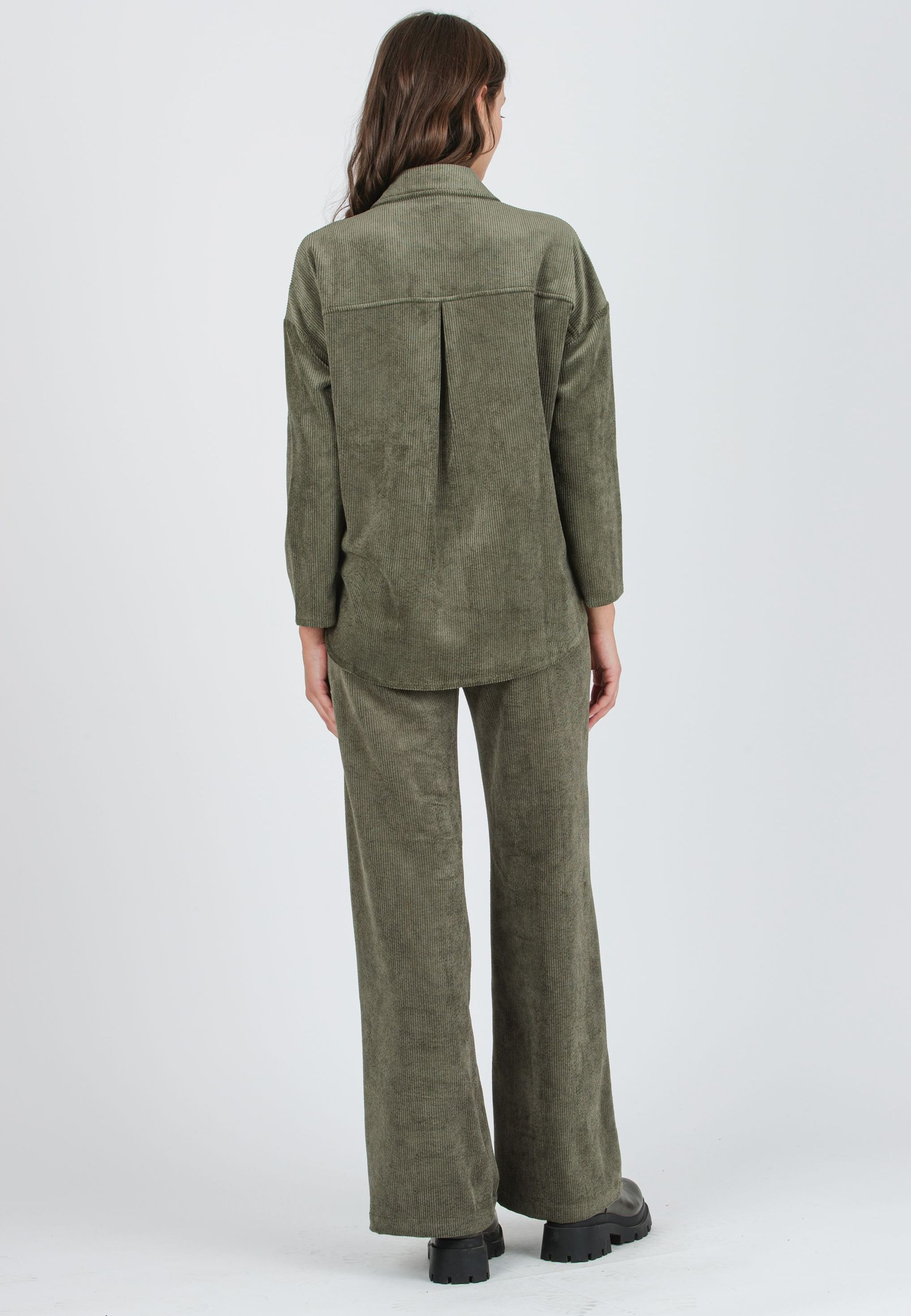 OLIVIA V - Camicia Over Premaman in Velluto a Coste Larghe (Verde Kaki)