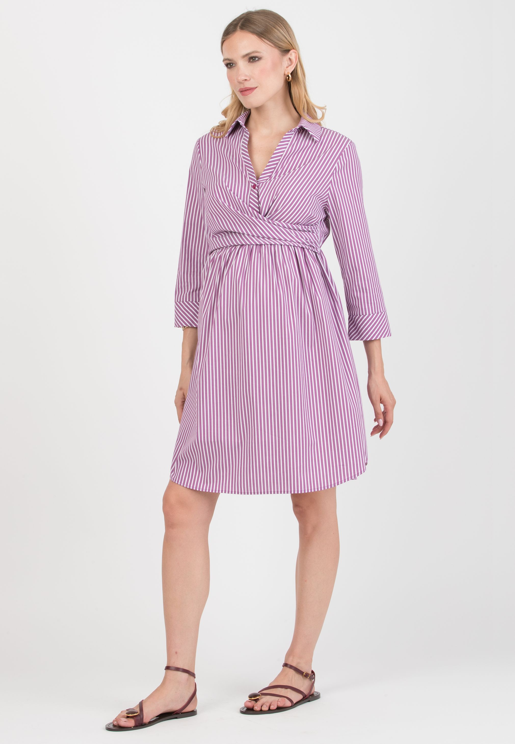 EMANUELA - Maternity & Nursing Striped Cotton Dress with Waistband (Viola)