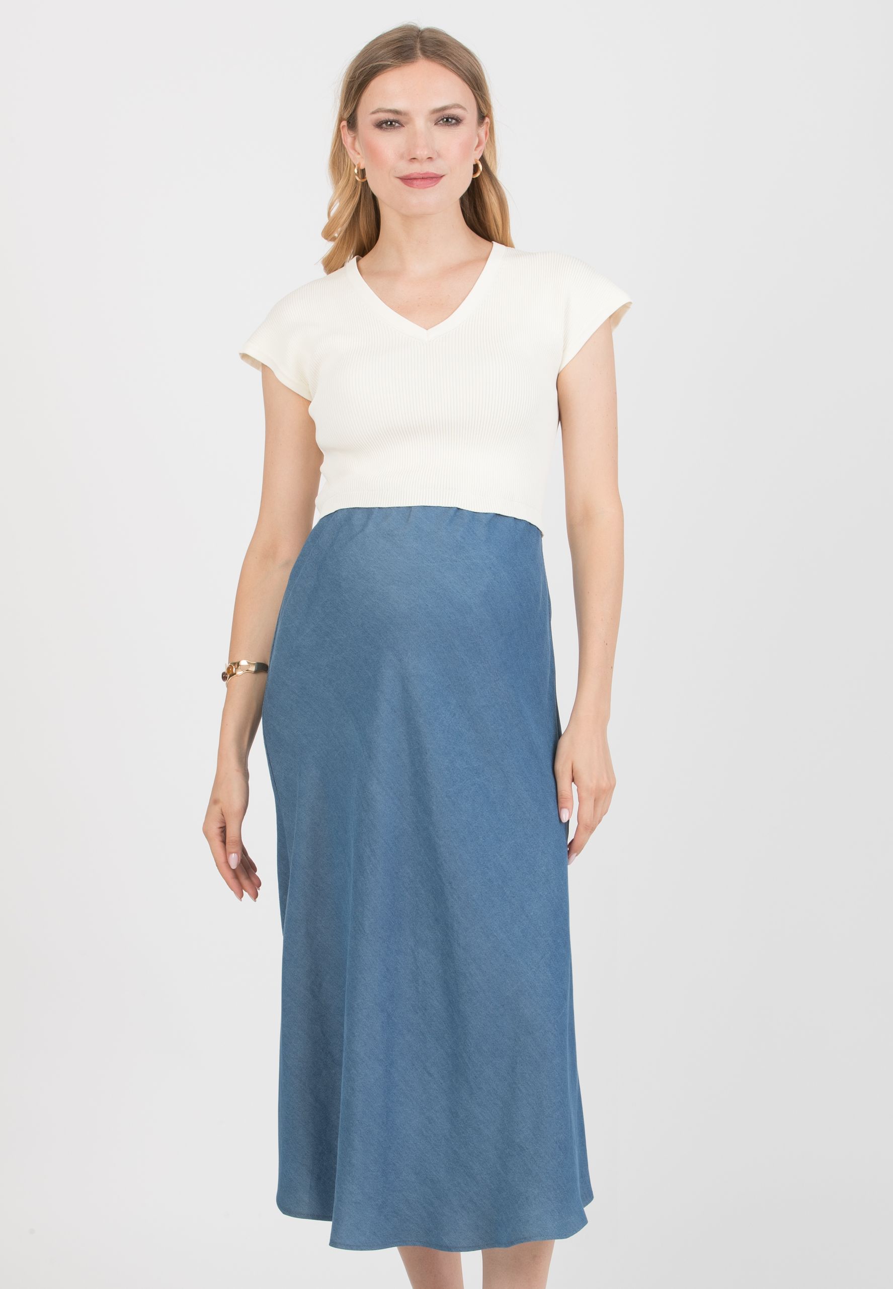 EVELIN - Maternity Dress with Knit Bodice and Bias-Cut Skirt (Blu)
