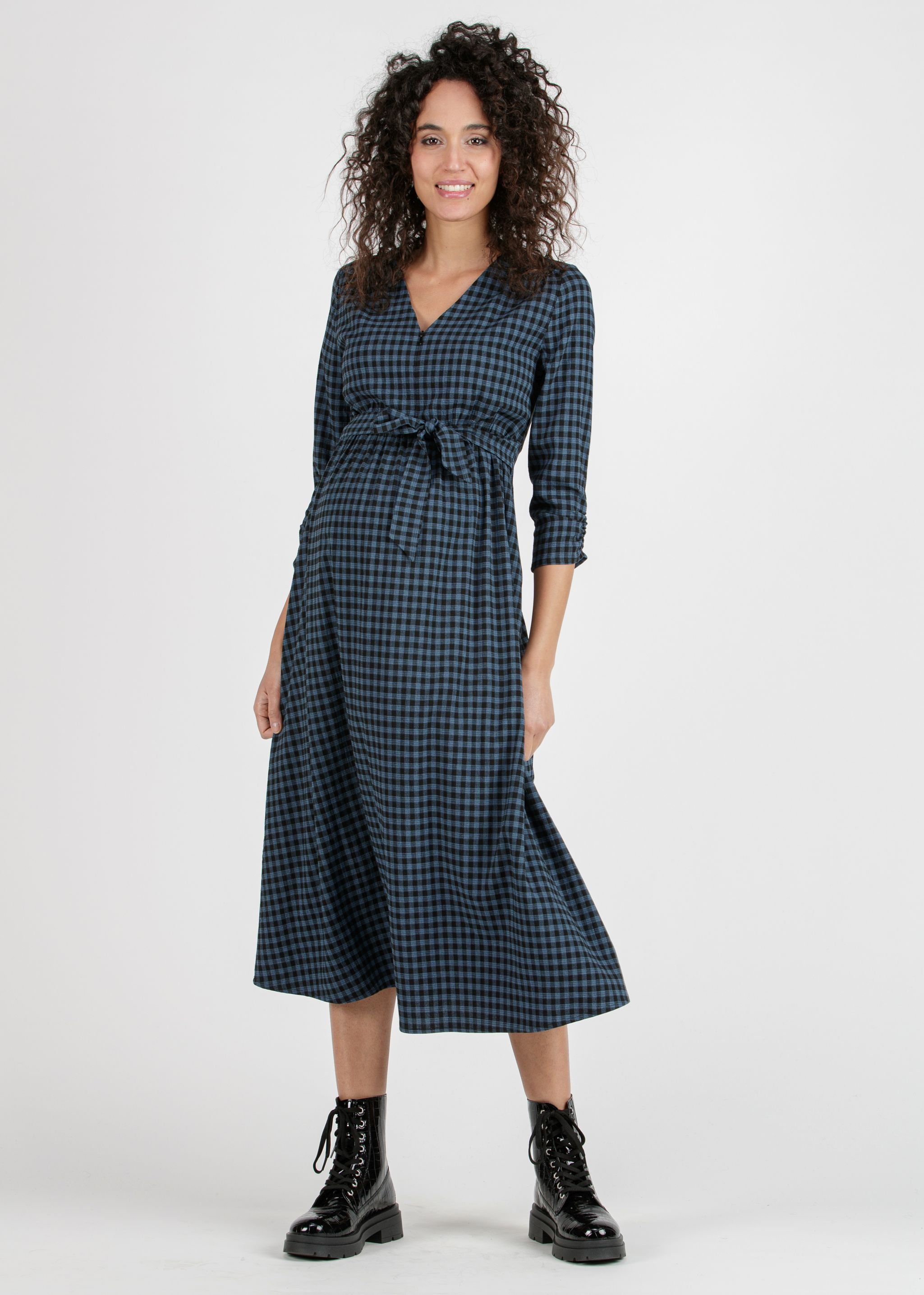 YLENIA - Gingham Midi Maternity & Nursing Dress (Air Force Blue, XS)