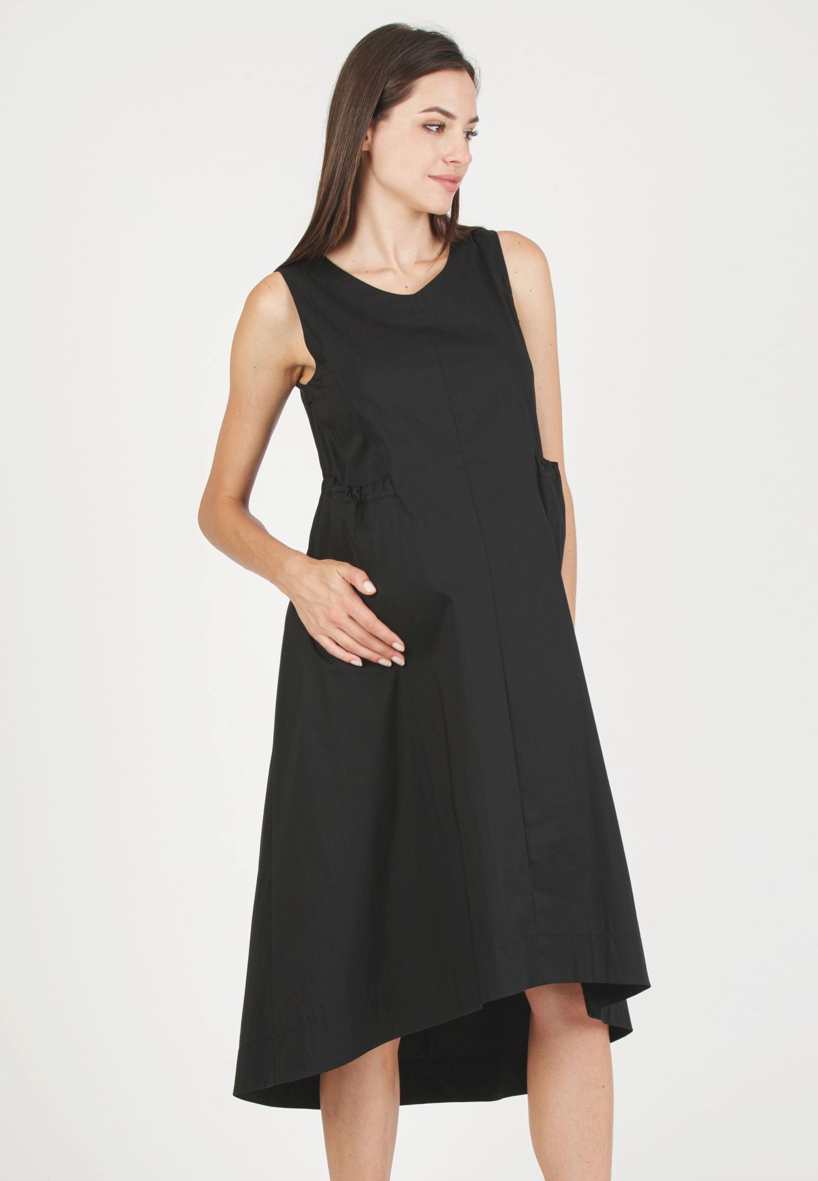 ASIA - Maternity Cotton Dress with Pockets and Drawstring on Back (Black, XXS)