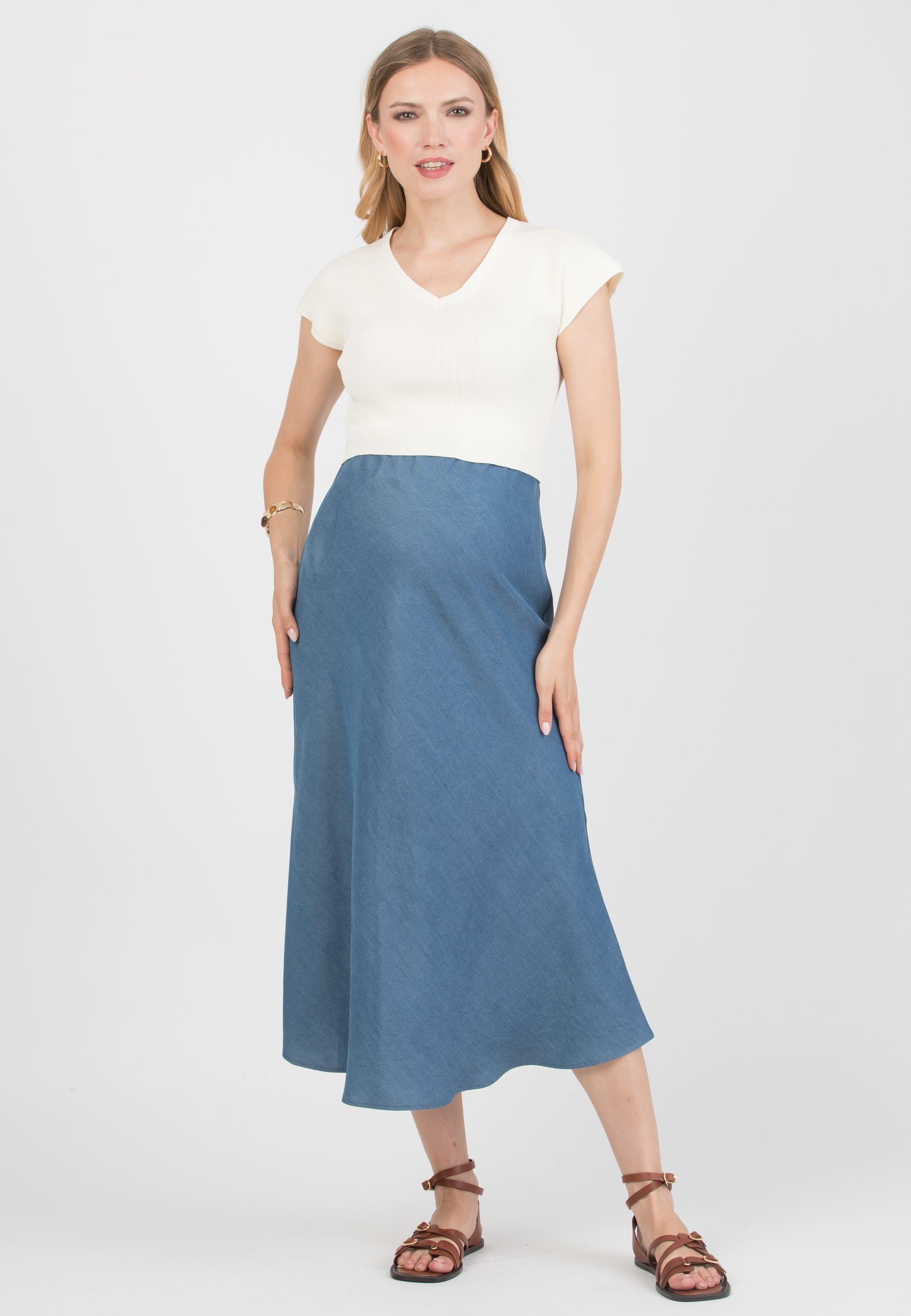 EVELIN - Maternity Dress with Knit Bodice and Bias-Cut Skirt (Blu)
