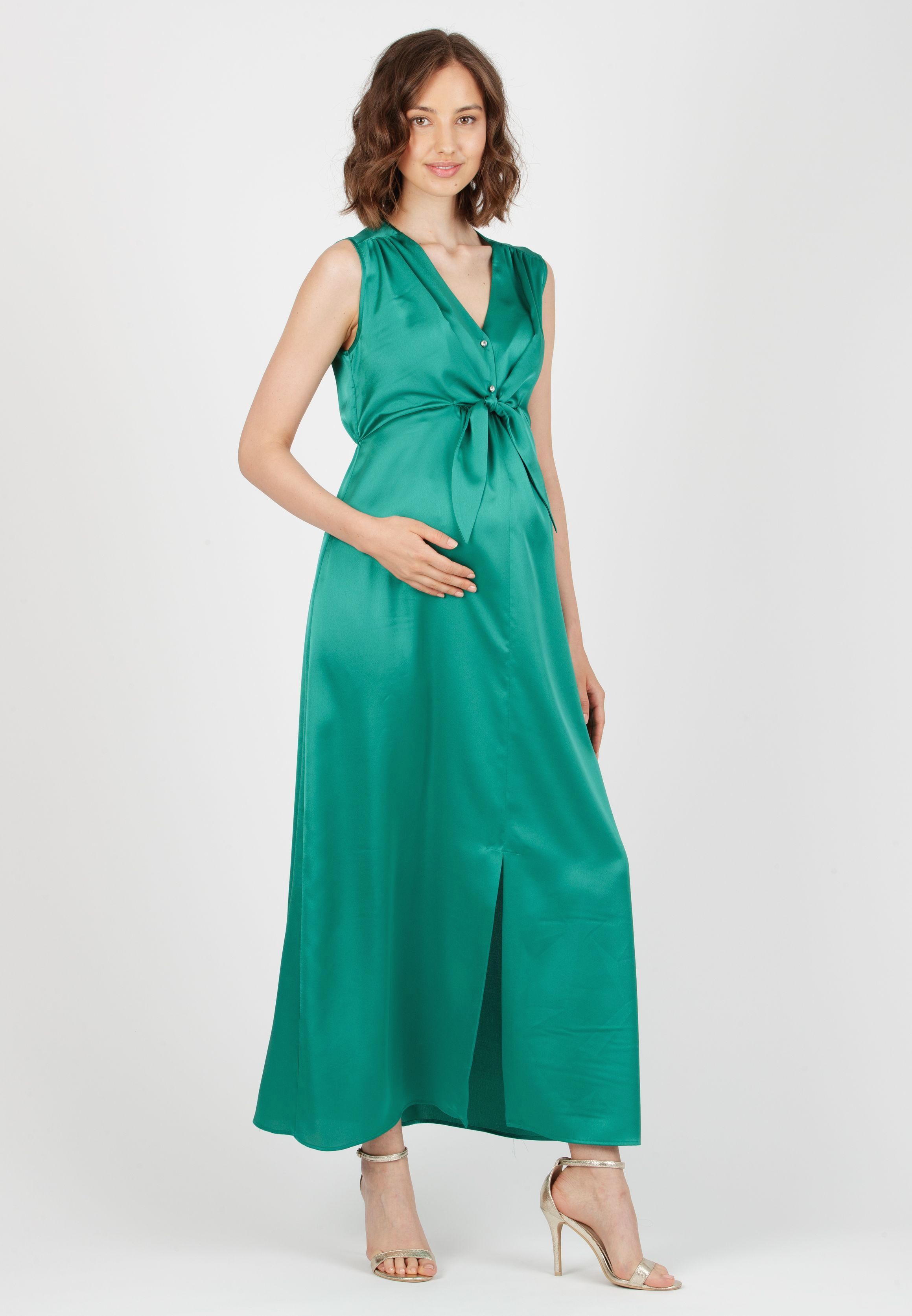BELEN MAXI - Satin Maternity & Nursing Maxi Dress (Melange Green, XS)