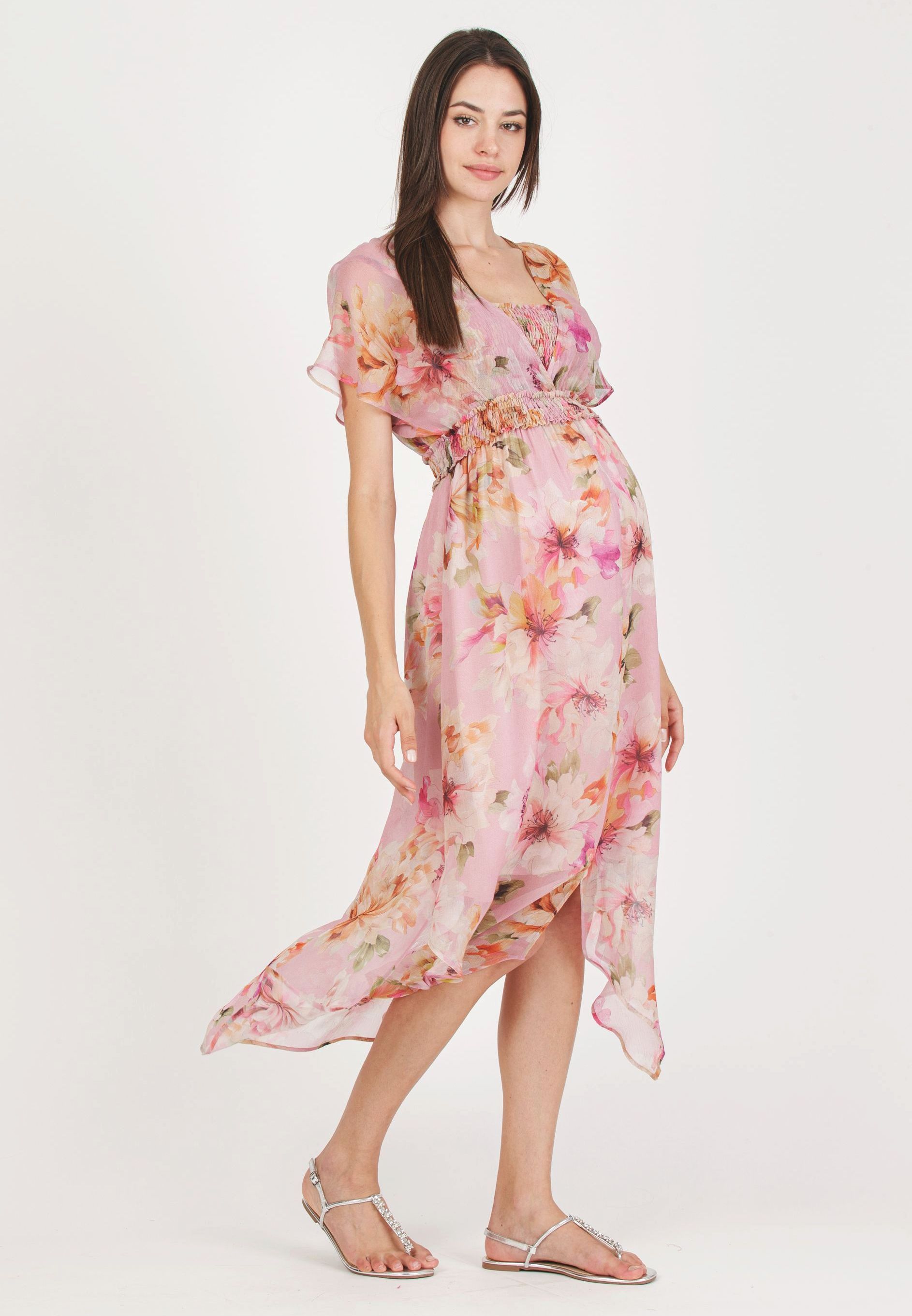 HOLLY - Maternity & Nursing Dress with Crossed Neckline and Asymmetric Hem (Pink, XS)