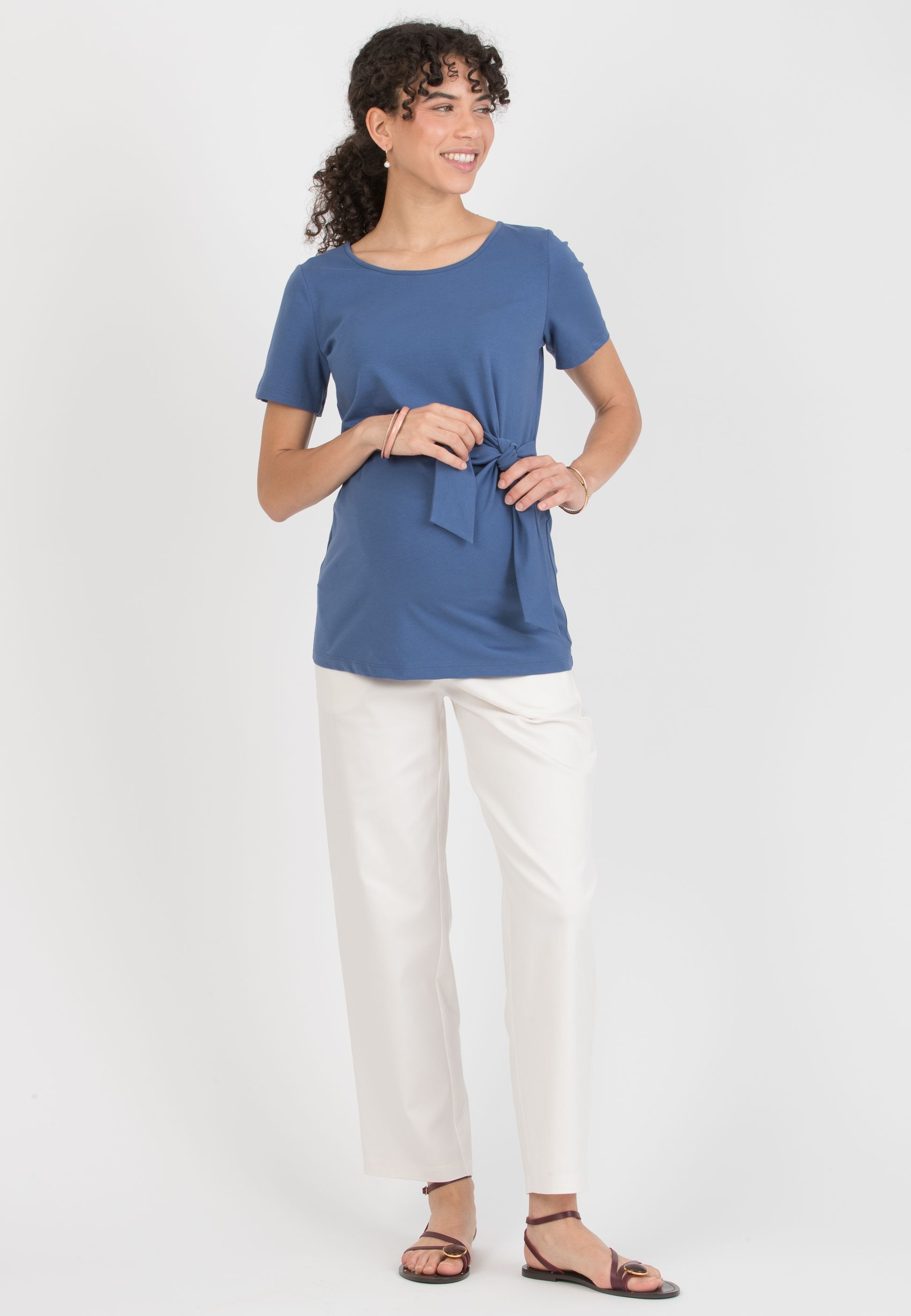 KAREN M - T-Shirt Premaman in Jersey di Cotone con Nodo Laterale (Denim, XS)