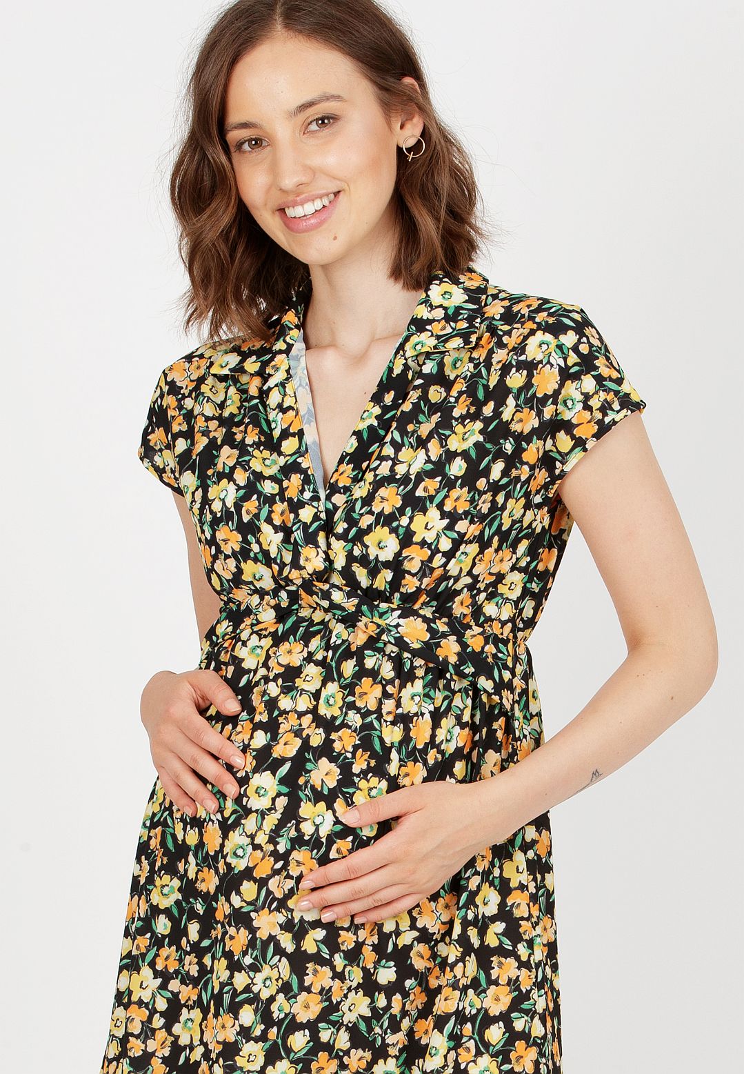 DELIA - Printed Maternity Dress with Collar (Black, XS)