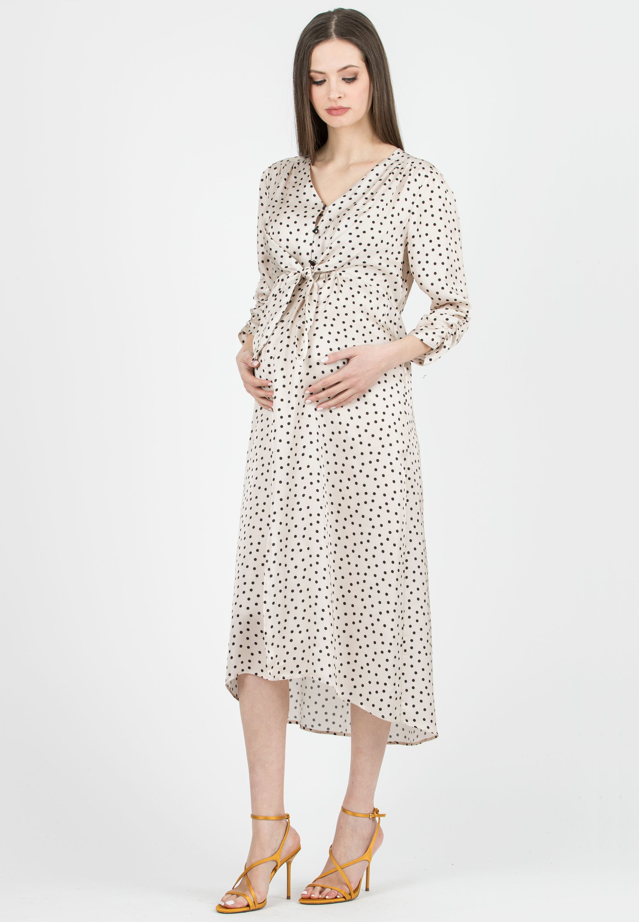 BELEN M/L - Maternity & Nursing Polka Dot Viscose Dress with Tie Front and 3/4 Sleeves (Naturale)