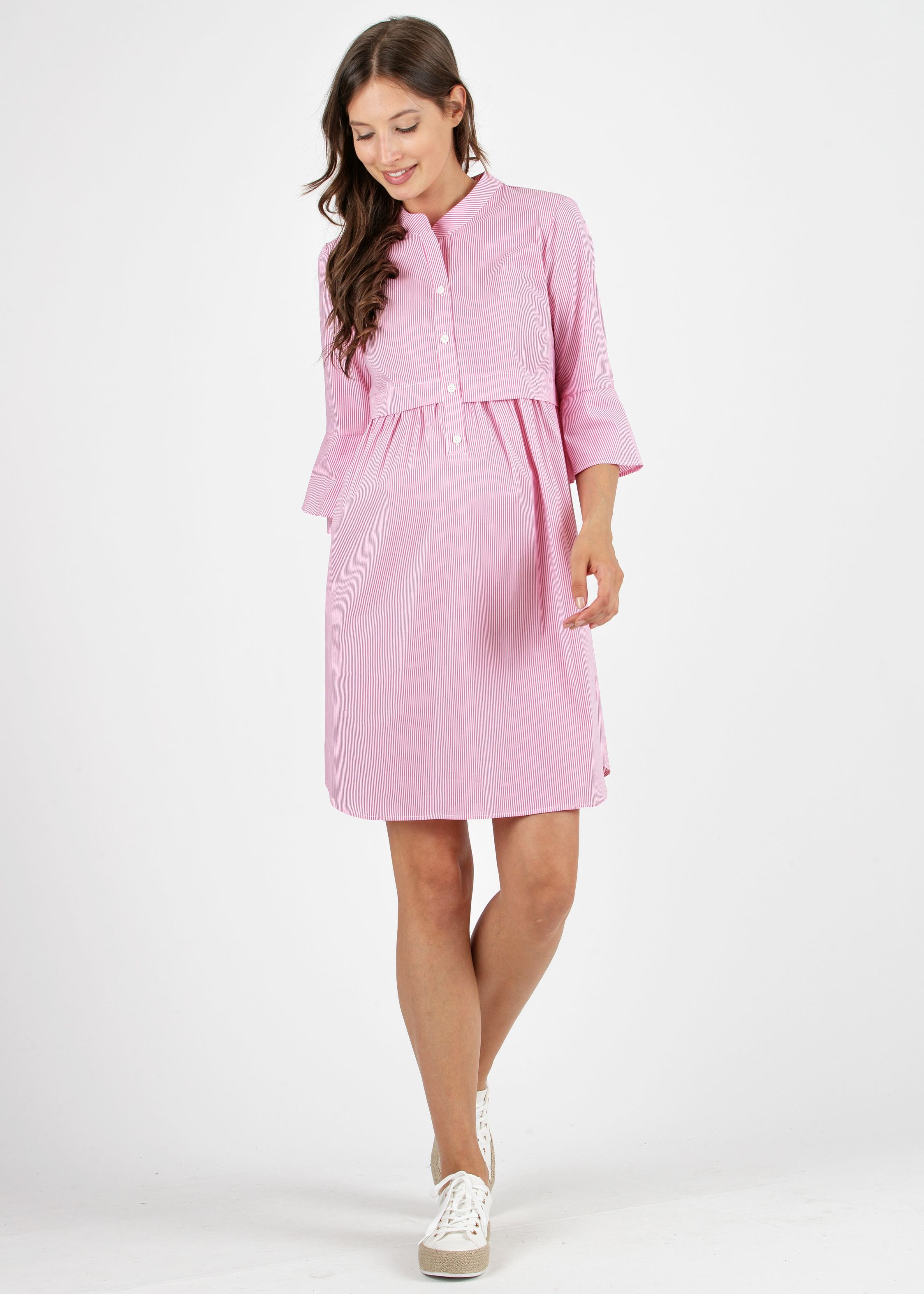 HEIDI R - Striped Maternity & Nursing Dress in Poplin with ¾ Bell Sleeve (Fuchsia, XS)