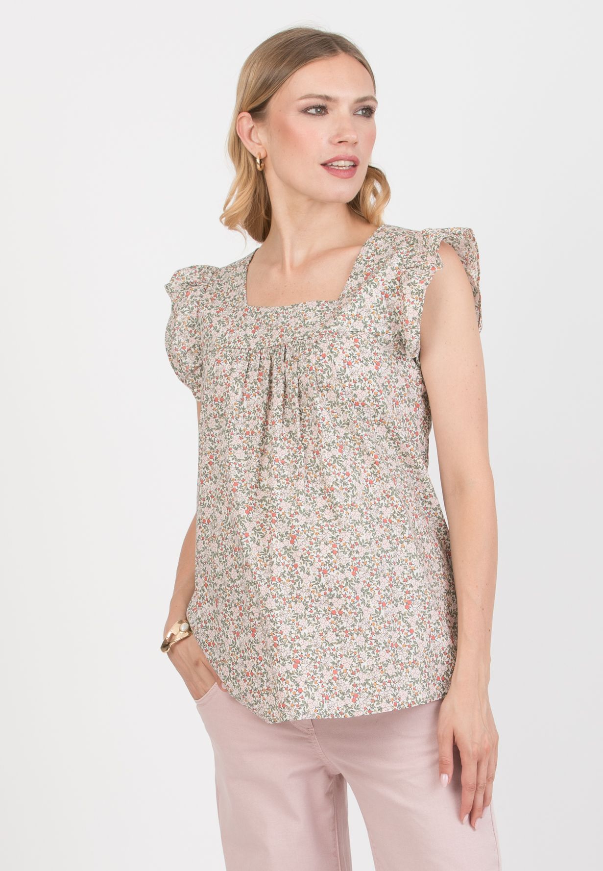 LAILA C - Maternity Blouse in Printed Cotton (Verde Salvia)