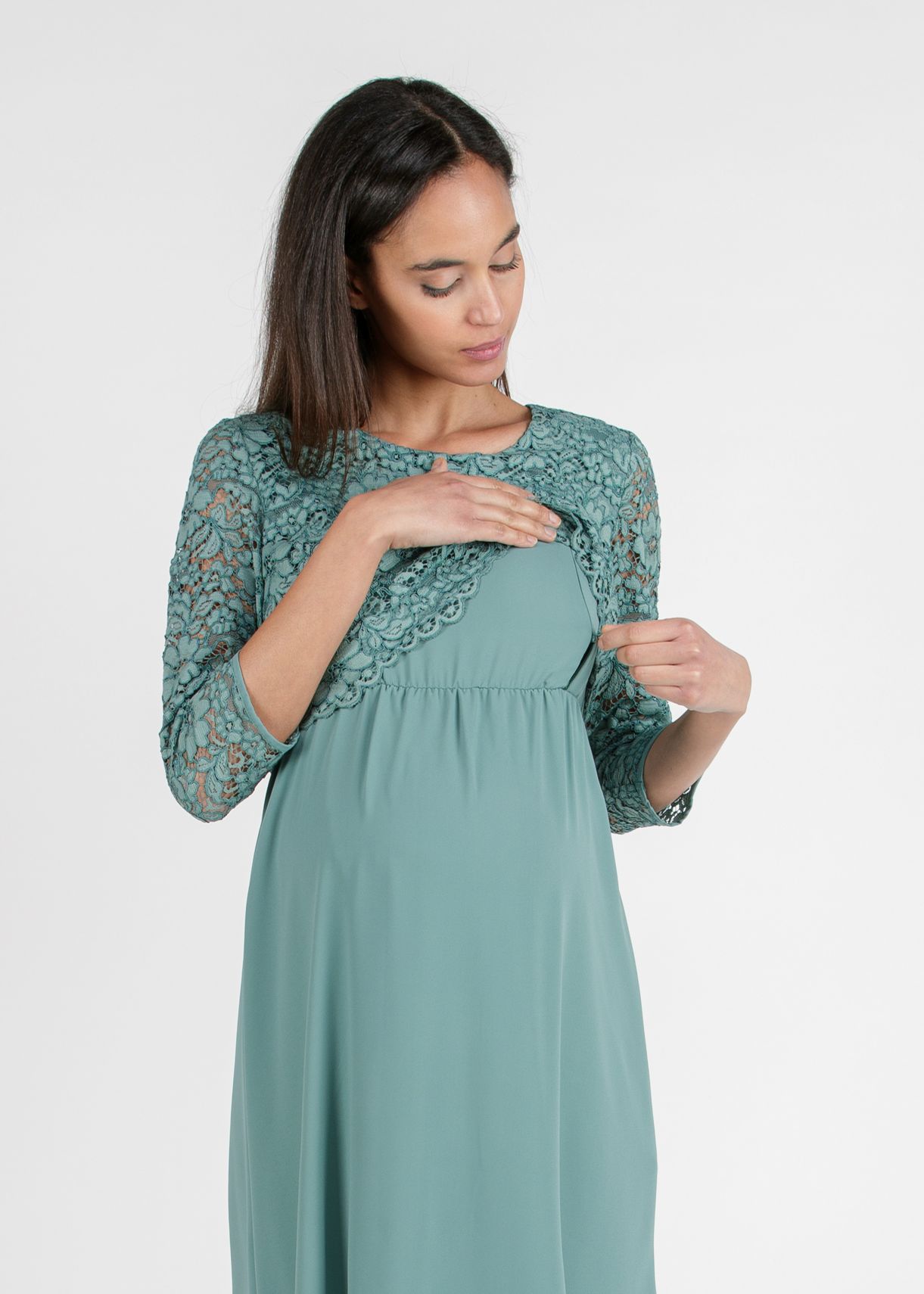 ELEONORA - Lace and Chiffon Maternity & Nursing Dress (Light Green, XS)