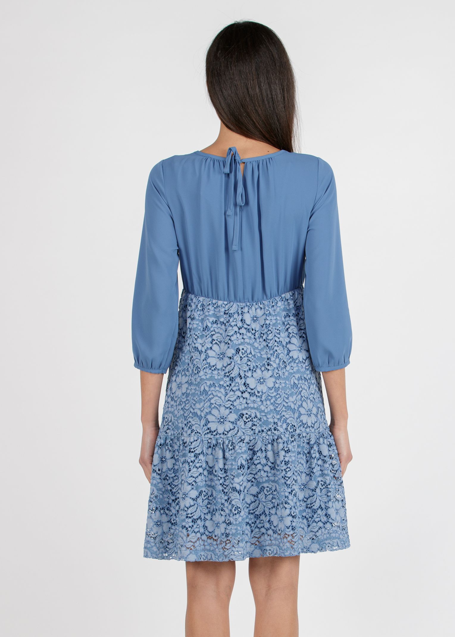 A-line Maternity Dress in Chiffon and Lace with Flounce (Blue, XS)