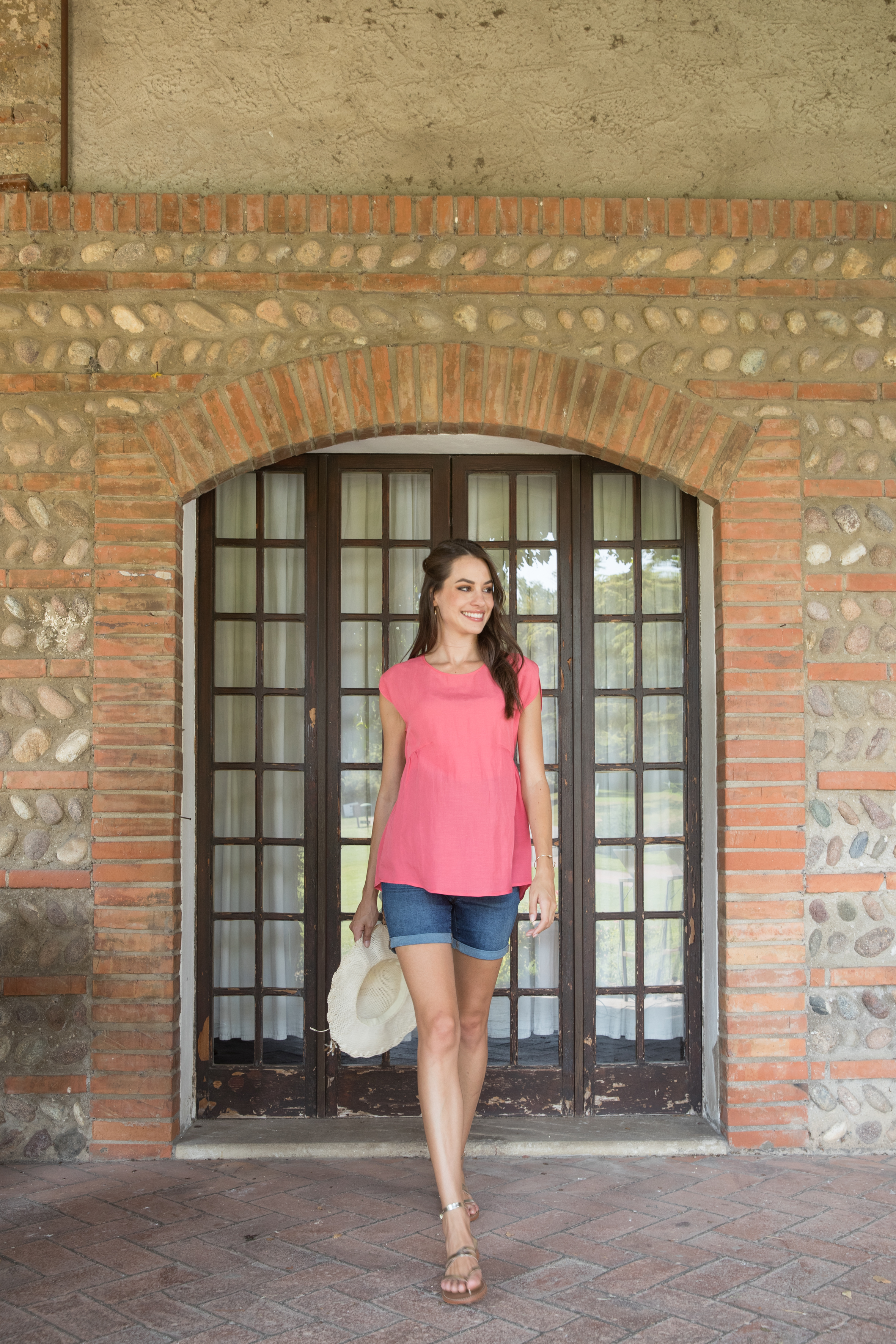 ANAIS - Casacca Premaman Manica Petalo in Lino (Corallo, XS)
