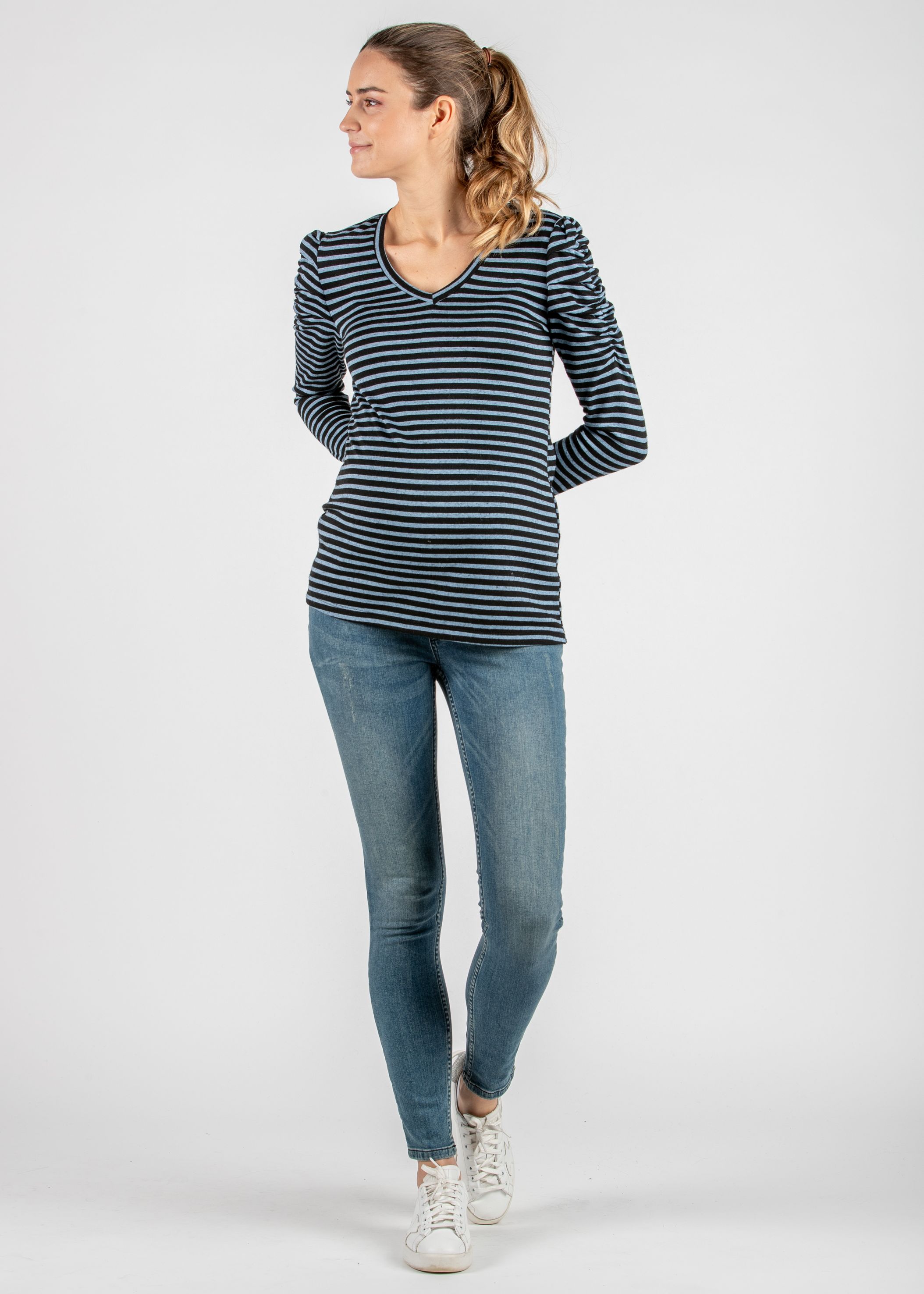 Striped Long Sleeve Maternity Top with Puff Sleeve (Denim , XS)