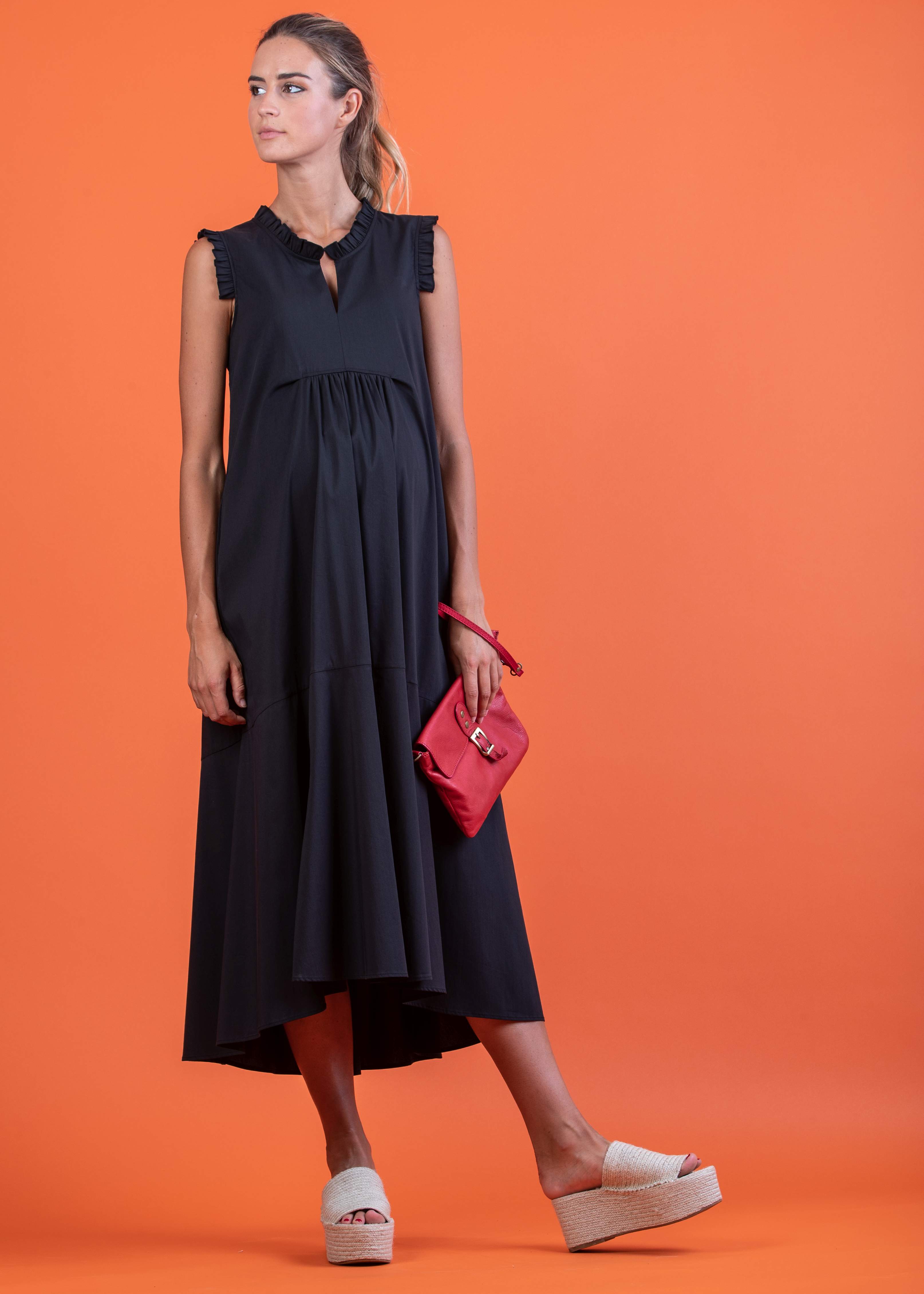 SOFIA MIDI - Abito Midi Premaman in Popeline di Cotone con Rouches (Nero, XS)