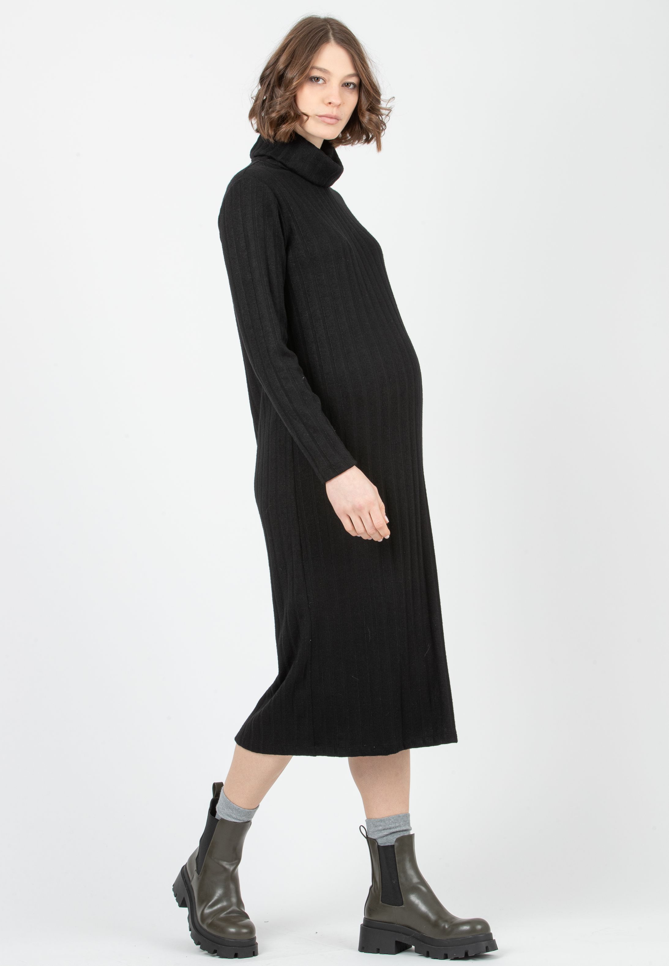 SHEILA MIDI - Abito Midi Premaman in Maglia a Coste Larghe (Nero, XS)