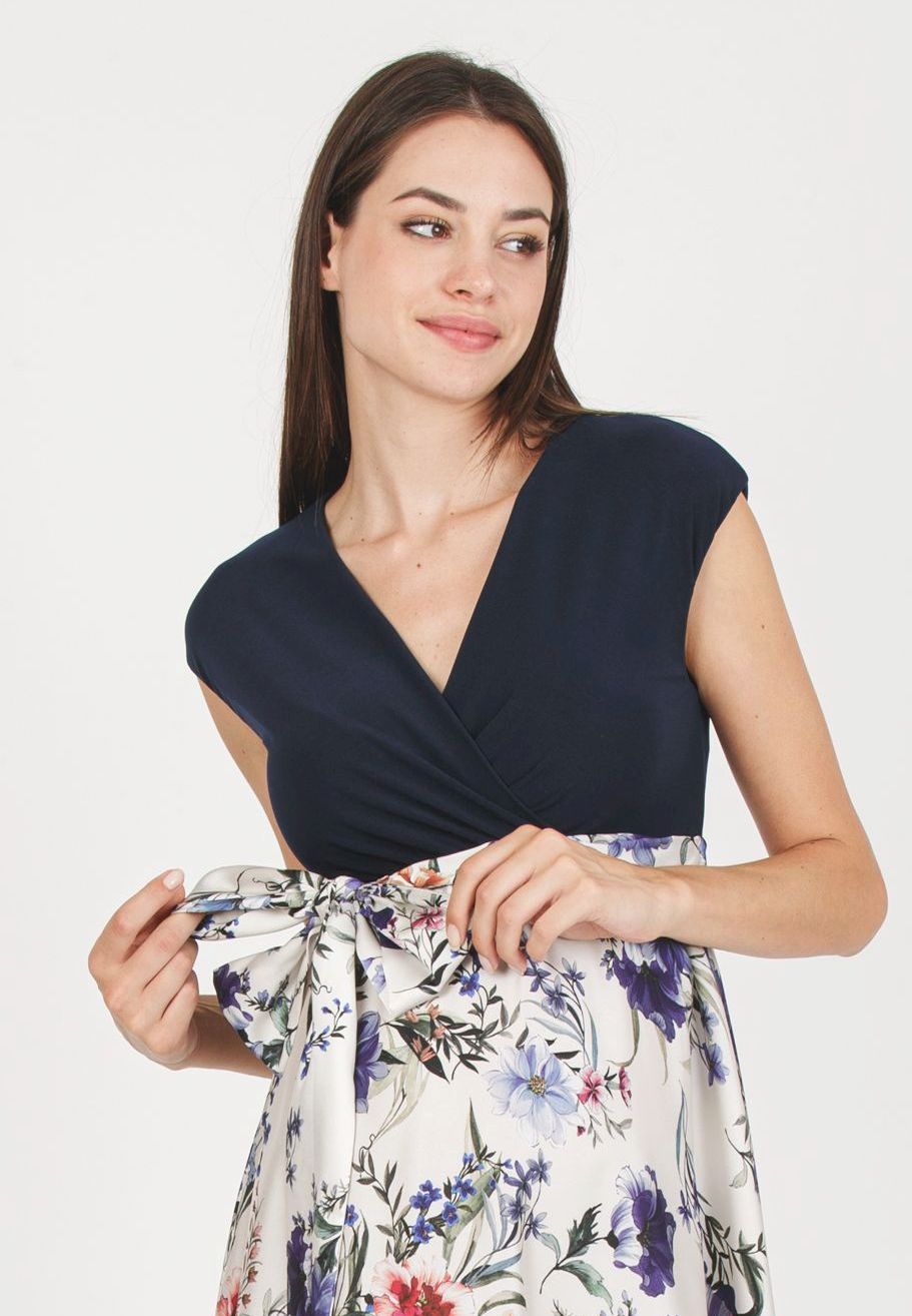 LUCREZIA F - Abito Premaman & Allattamento con Gonna in Raso Stampato (Avorio)