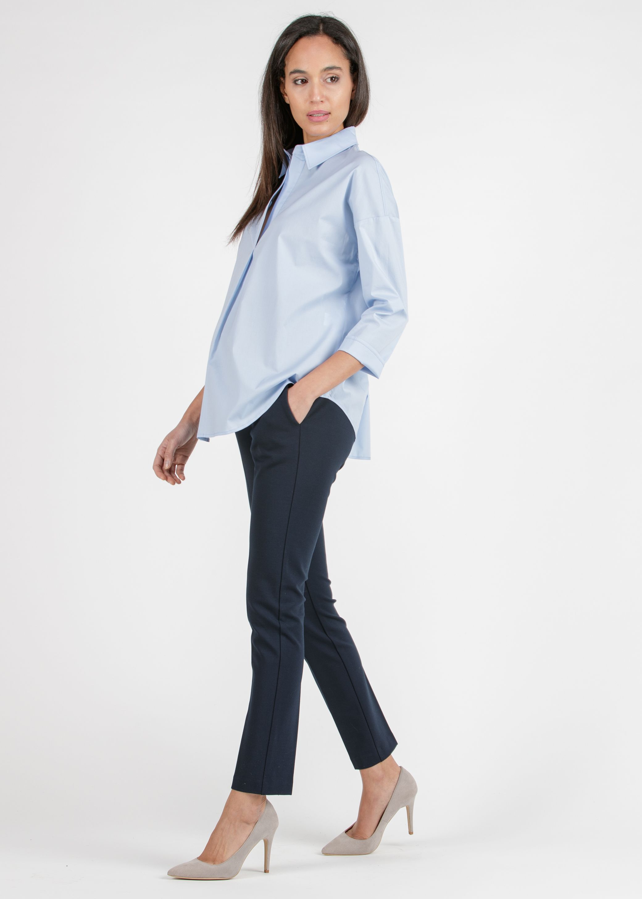 OLIVIA - Oversize Maternity Shirt in Stretch Cotton Poplin (Blue, XS)