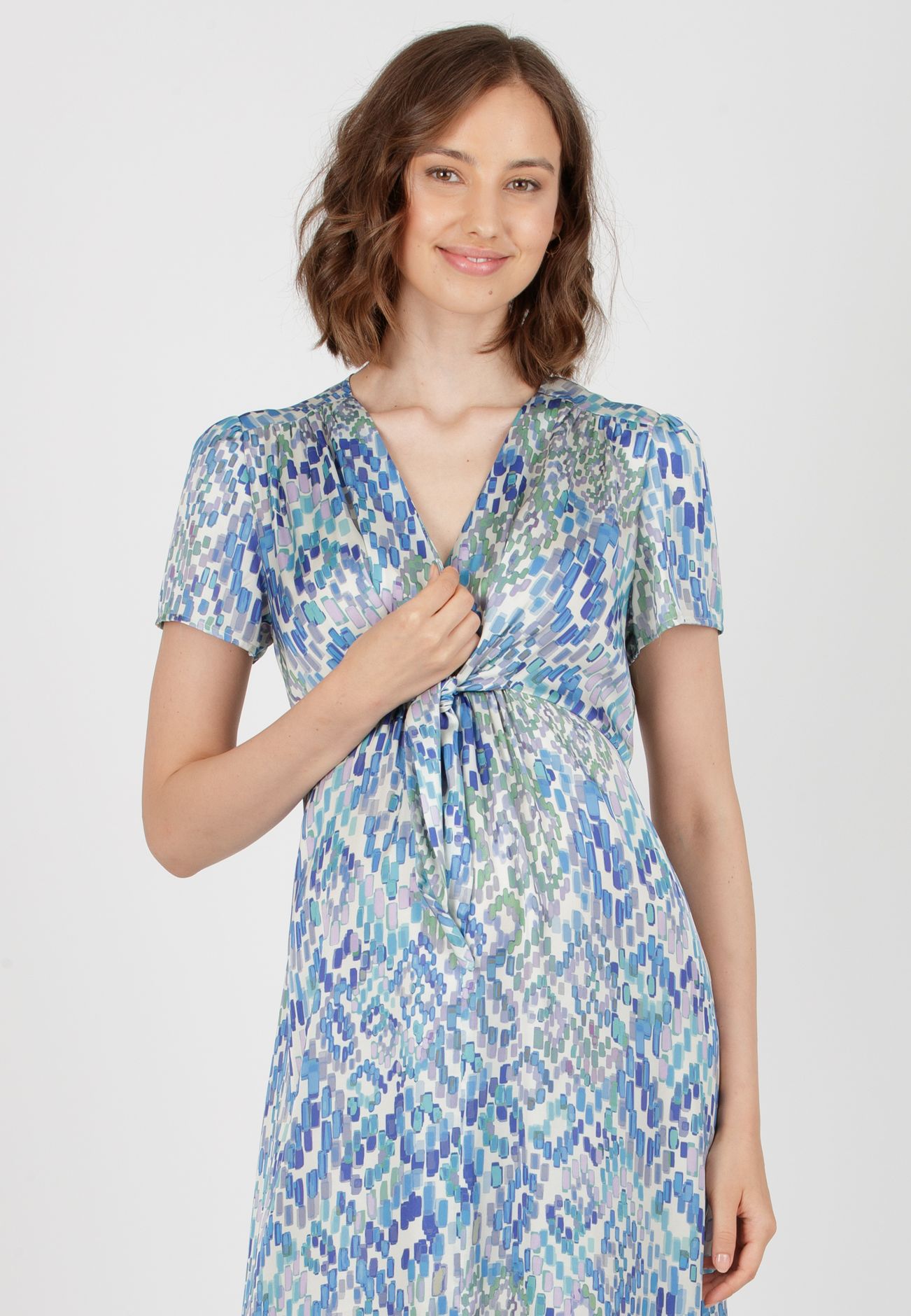 BELEN M/M - Abito Premaman & Allattamento in Raso Stampato con Corpino Annodato (Azzurro, XS)
