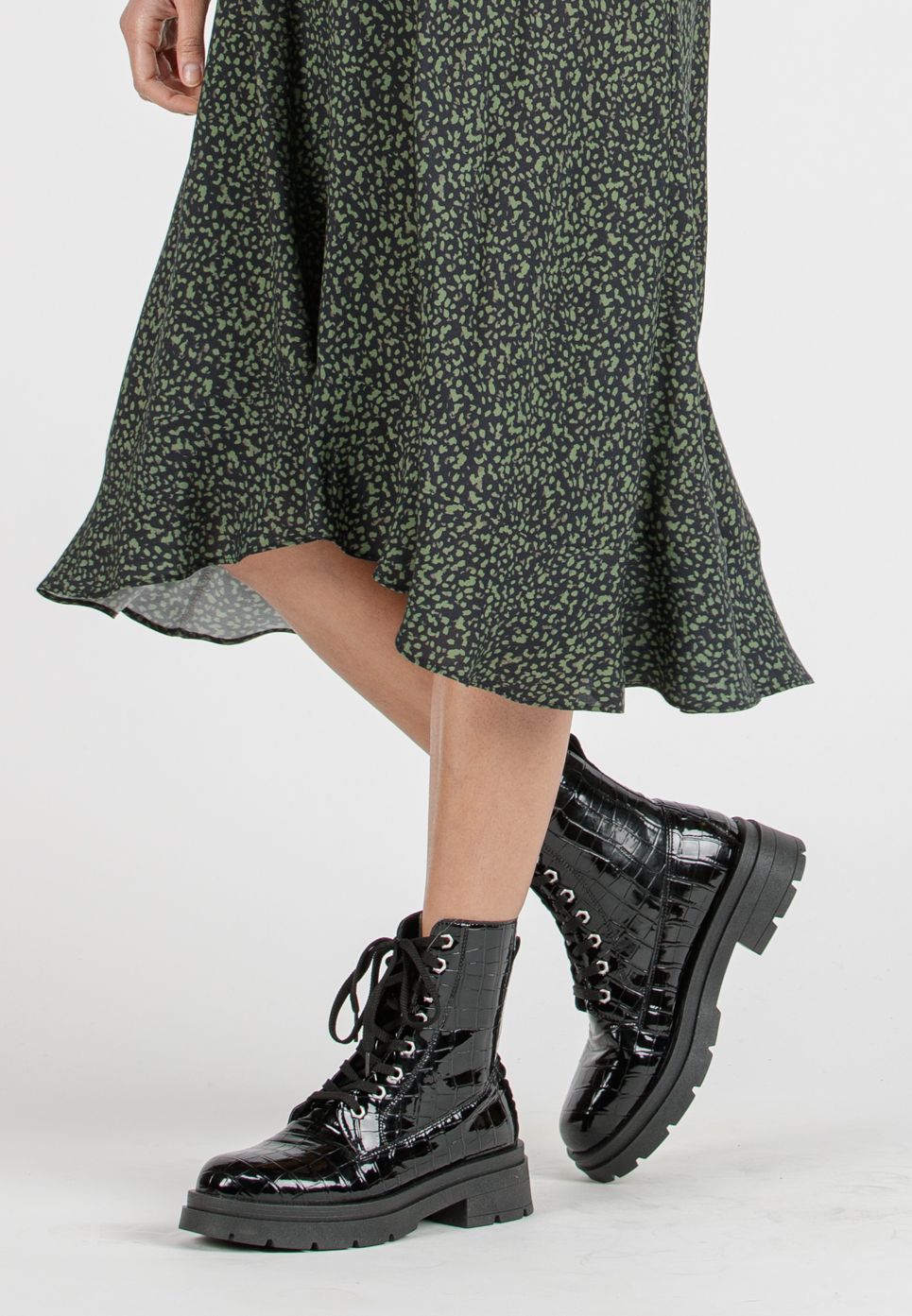 MARTA M/L - Abito Midi Premaman & Allattamento con Gonna Stampata (Verde Militare, XS)