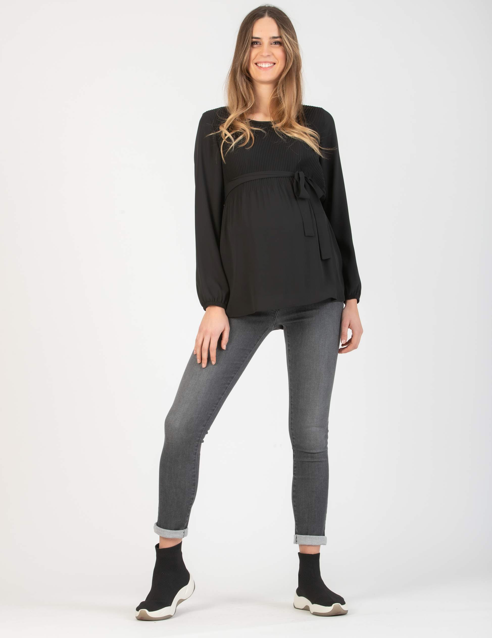 Camicetta Premaman in Georgette con Corpino in Kristal Plissé (Nero, XS)