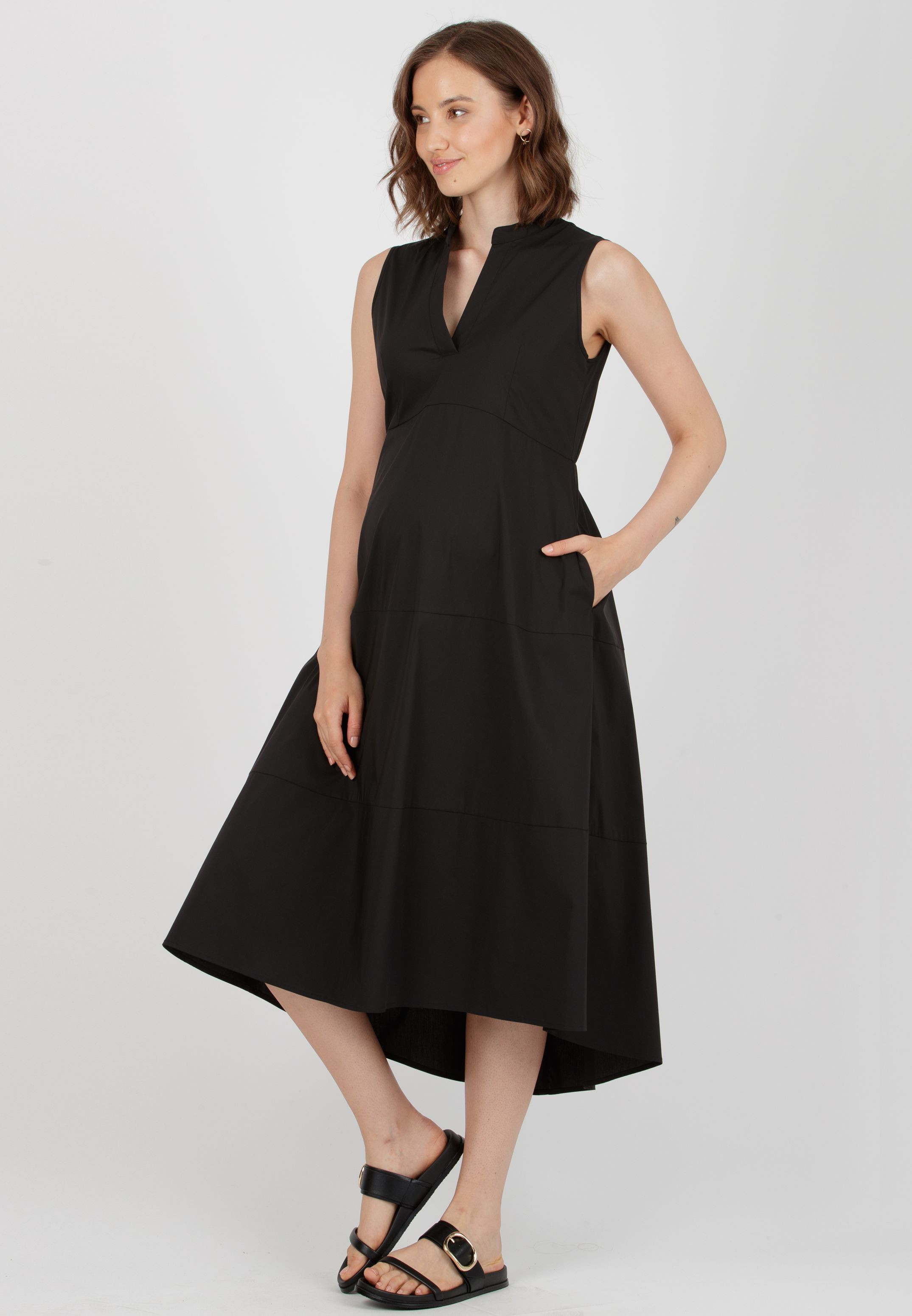 FLORENCE MIDI - Abito Premaman Midi in Cotone Stretch con Gonna Svasata (Nero, XXS)