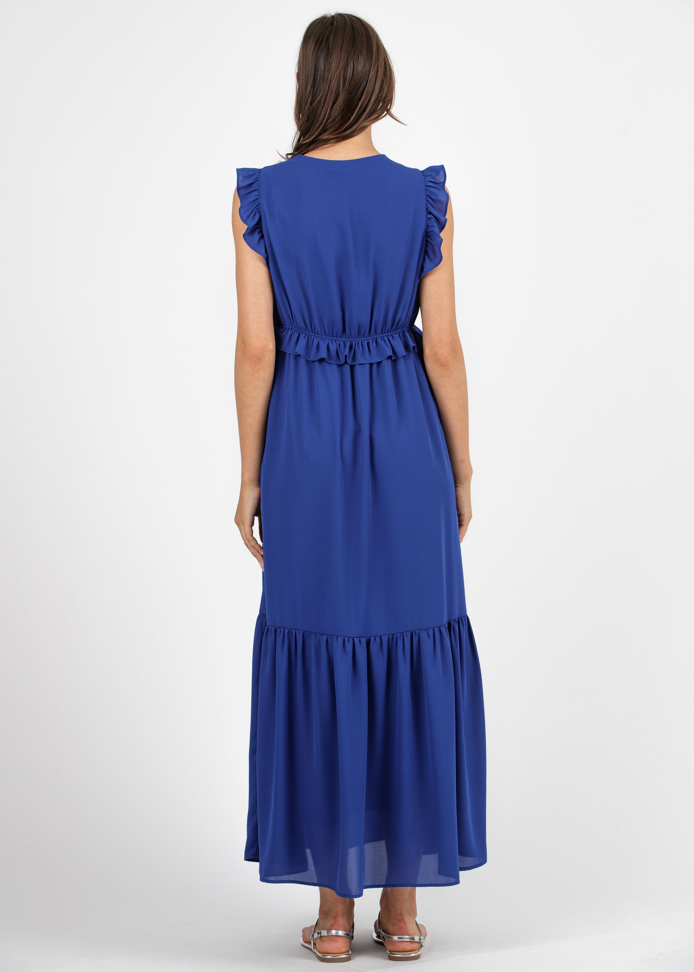 Long Maternity Dress in Chiffon with Ruffle Trims (China Blue, XS)