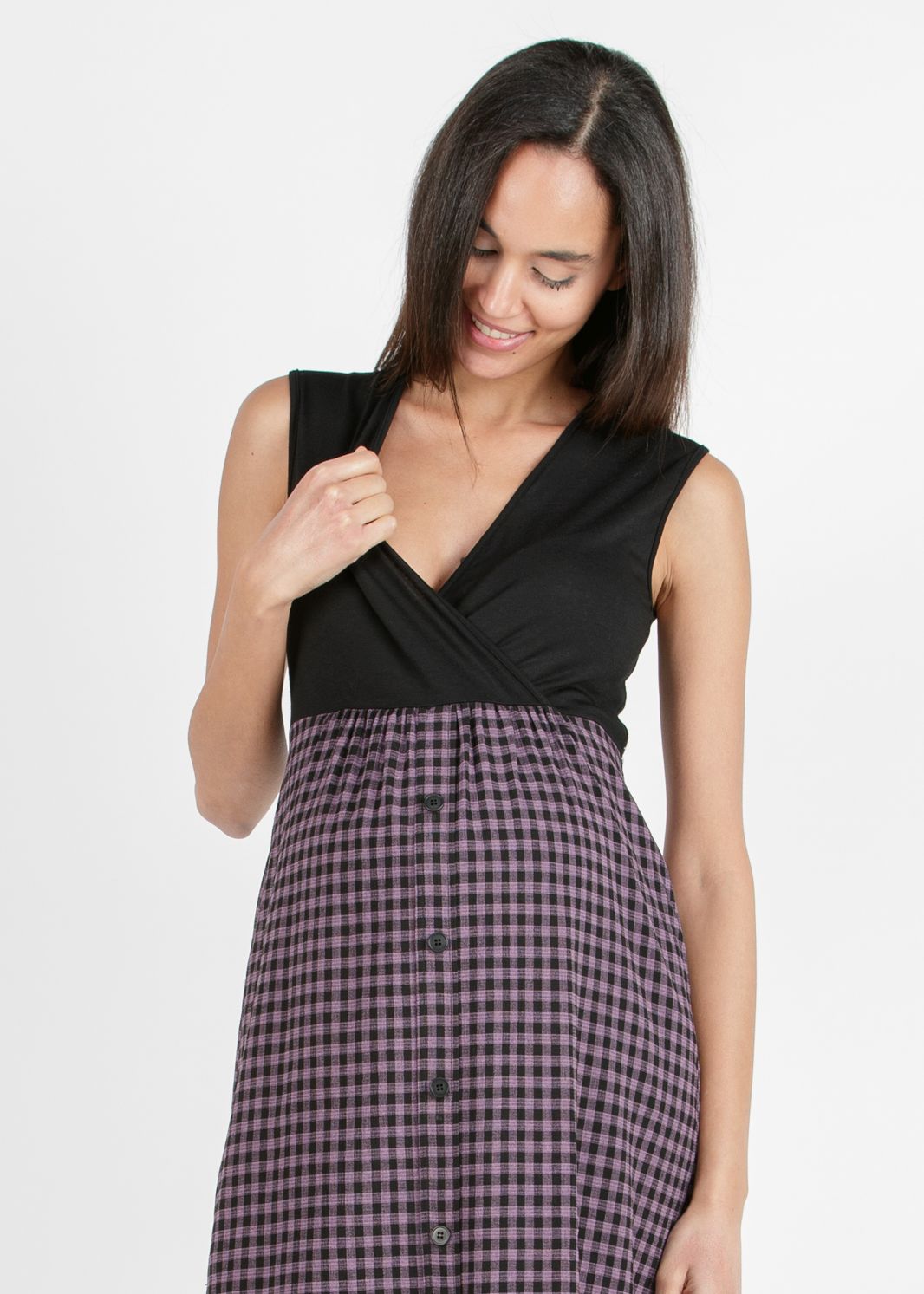 Maternity & Nursing Dress with Check Print and Matching Sweater (Glicine, XS)